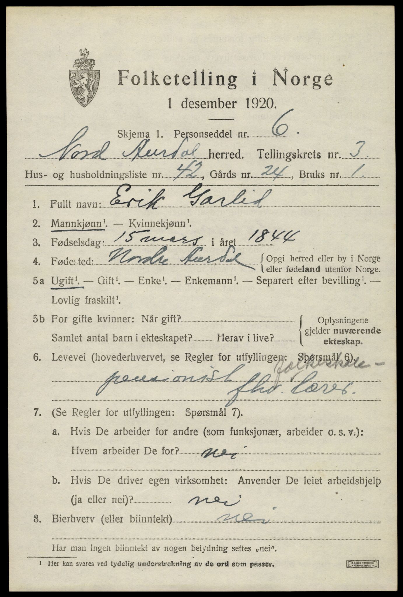 SAH, 1920 census for Nord-Aurdal, 1920, p. 3630
