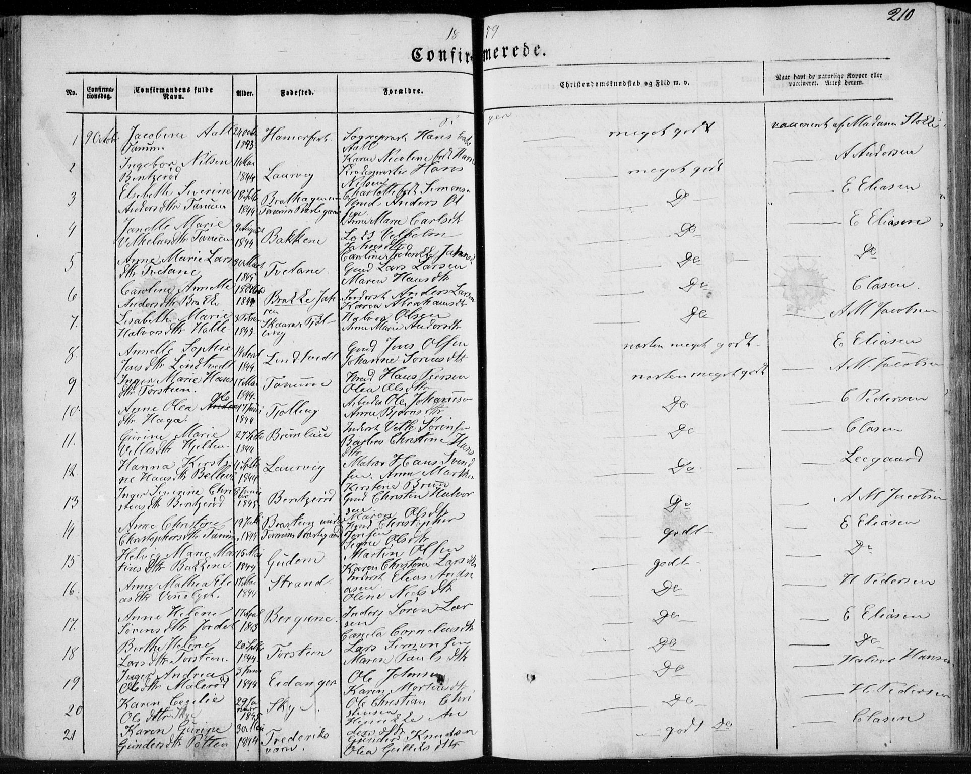 Brunlanes kirkebøker, SAKO/A-342/F/Fa/L0004: Parish register (official) no. I 4, 1846-1862, p. 210