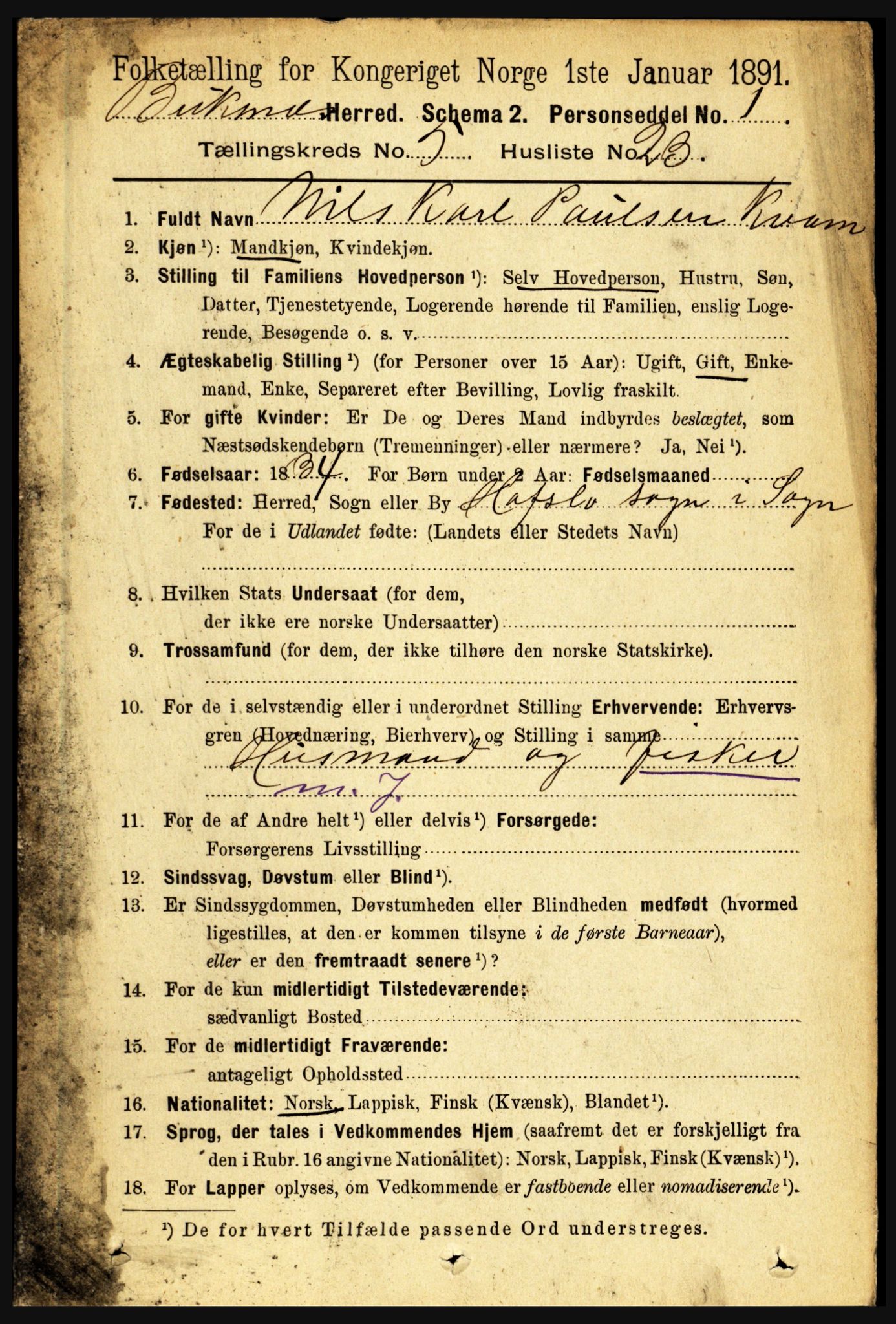 RA, 1891 census for 1860 Buksnes, 1891, p. 4019