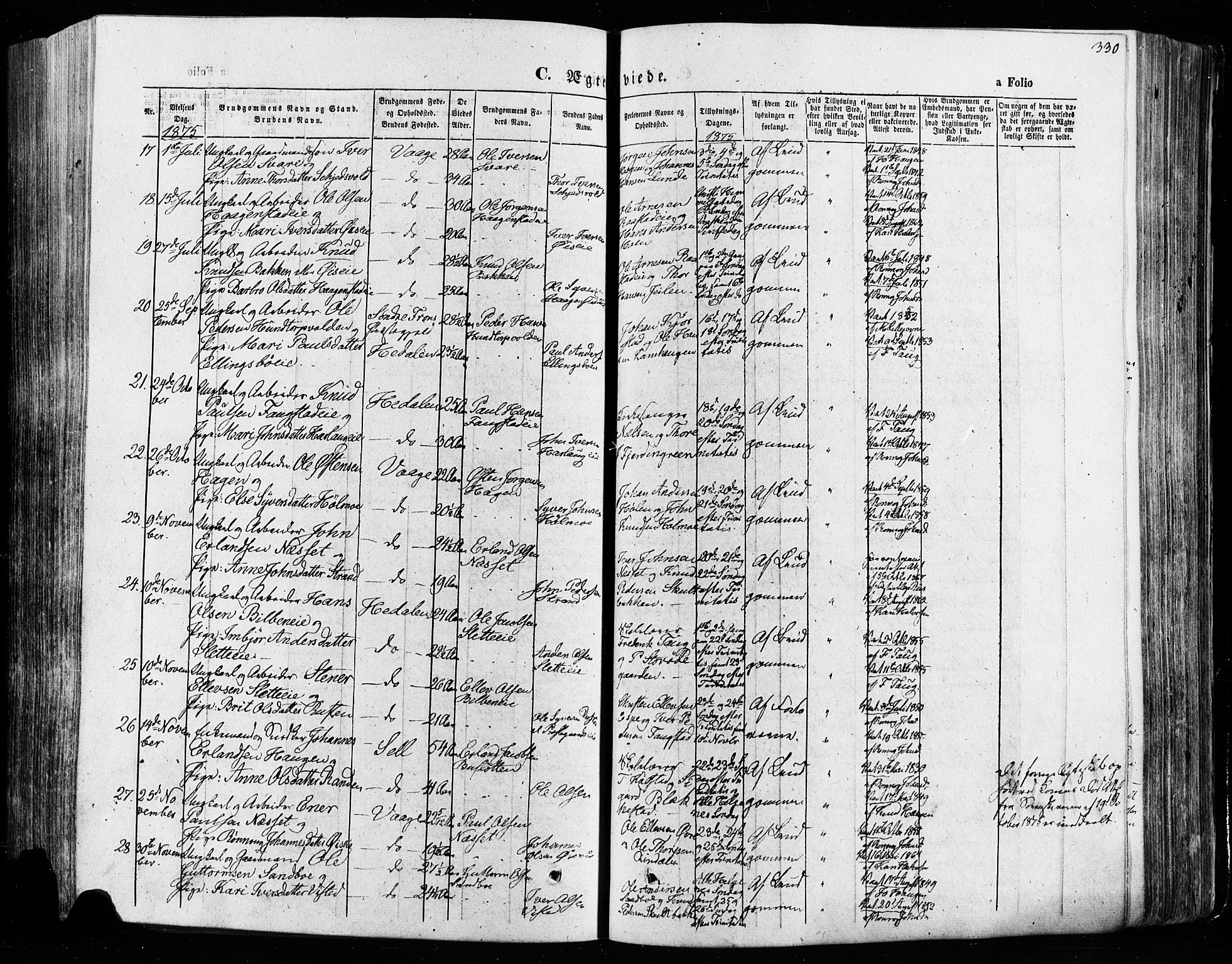Vågå prestekontor, SAH/PREST-076/H/Ha/Haa/L0007: Parish register (official) no. 7 /1, 1872-1886, p. 330
