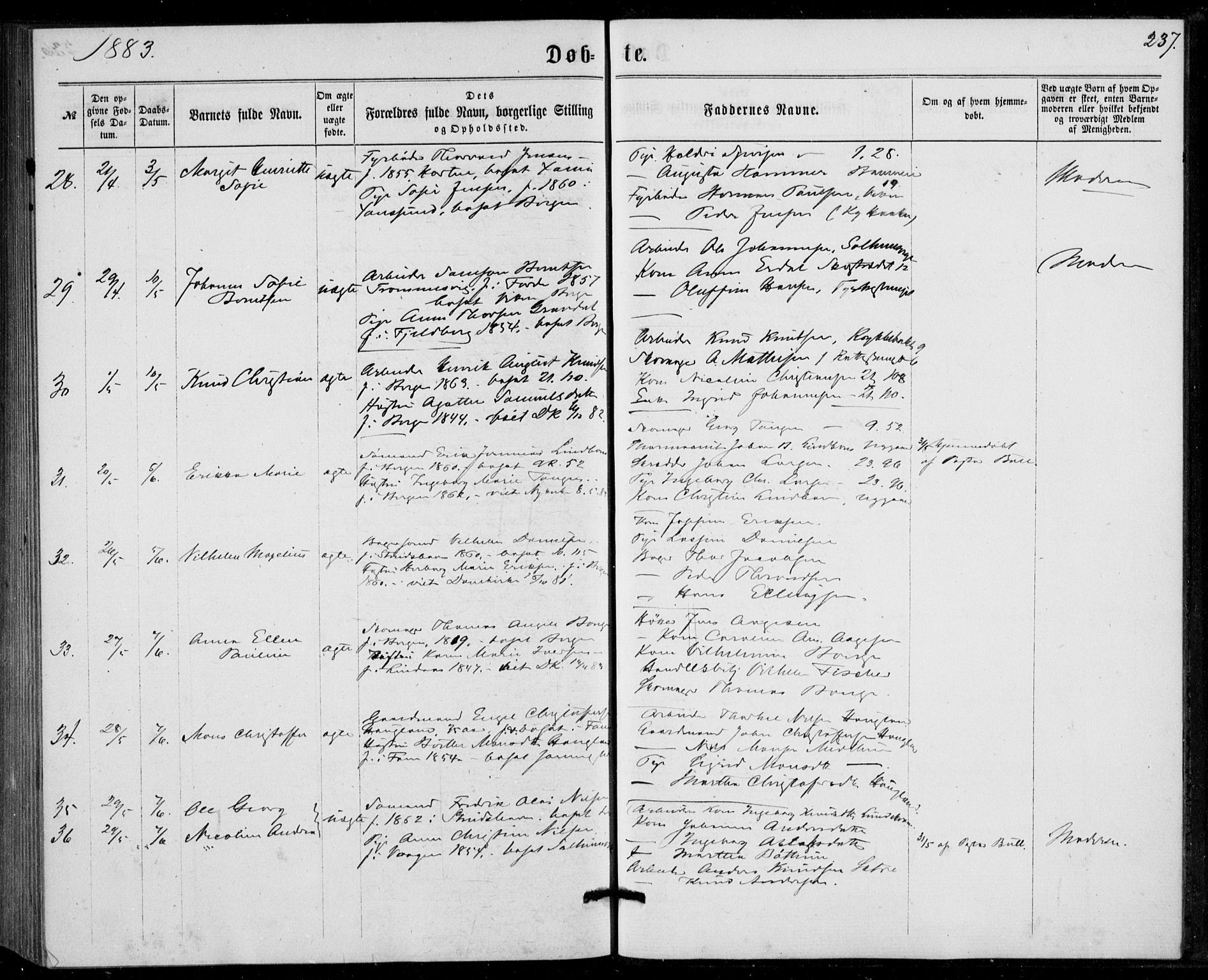 Fødselsstiftelsens sokneprestembete, ført av overlegen*, SAB/-: Parish register (official) no. A 1, 1863-1883, p. 237