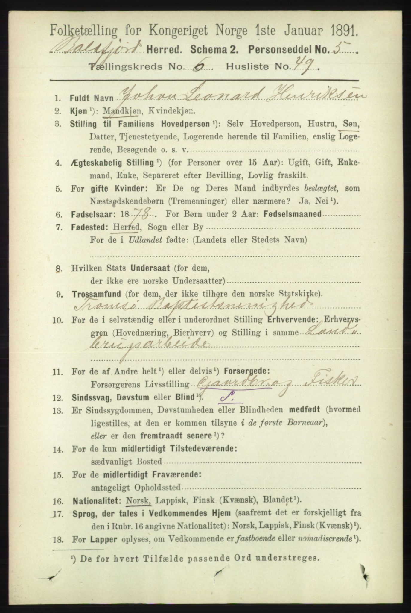 RA, 1891 census for 1933 Balsfjord, 1891, p. 1961