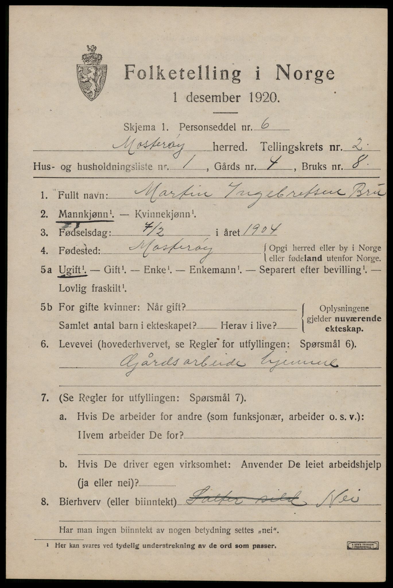 SAST, 1920 census for Mosterøy, 1920, p. 756