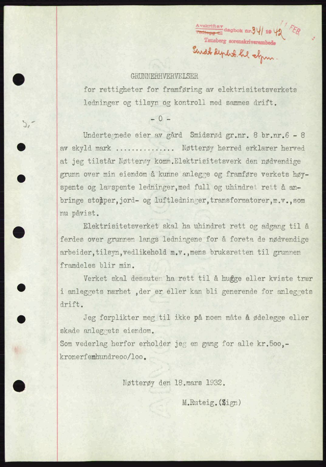 Tønsberg sorenskriveri, AV/SAKO-A-130/G/Ga/Gaa/L0011: Mortgage book no. A11, 1941-1942, Diary no: : 341/1942