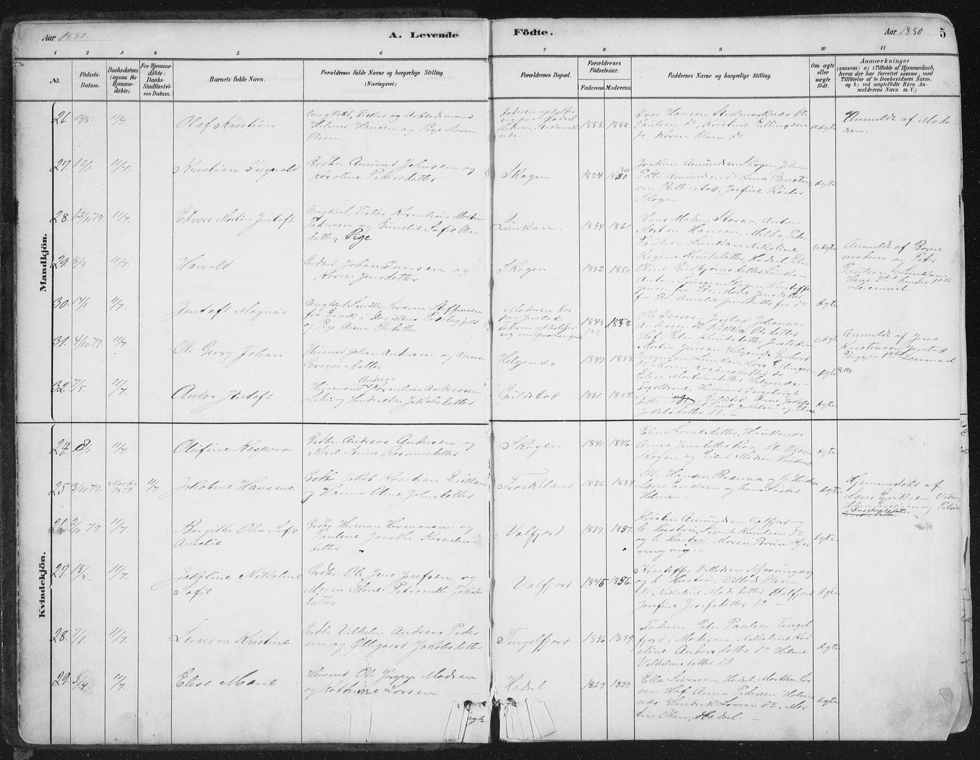 Ministerialprotokoller, klokkerbøker og fødselsregistre - Nordland, AV/SAT-A-1459/888/L1244: Parish register (official) no. 888A10, 1880-1890, p. 5