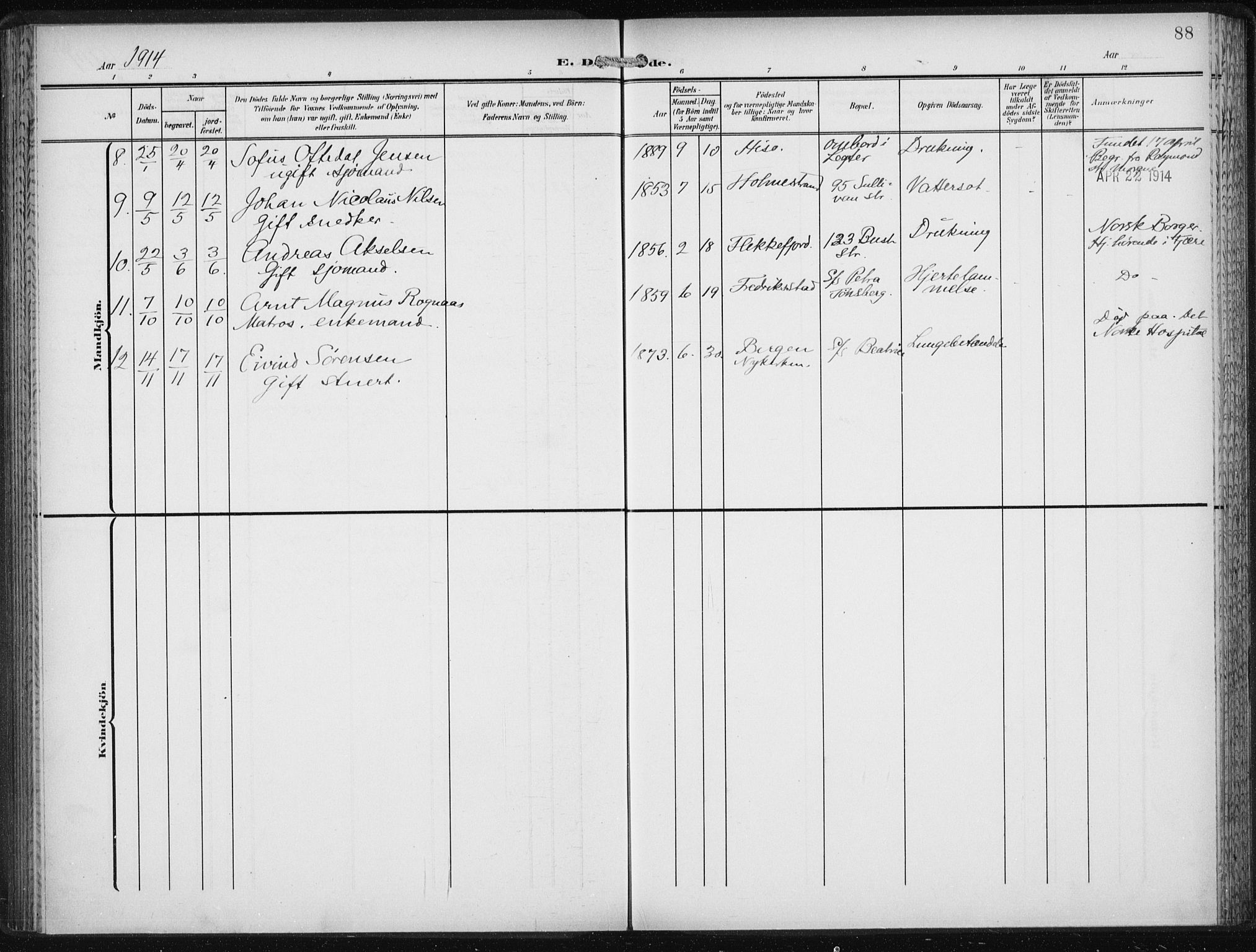 Den norske sjømannsmisjon i utlandet/New York, AV/SAB-SAB/PA-0110/H/Ha/L0006: Parish register (official) no. A 6, 1909-1914, p. 88