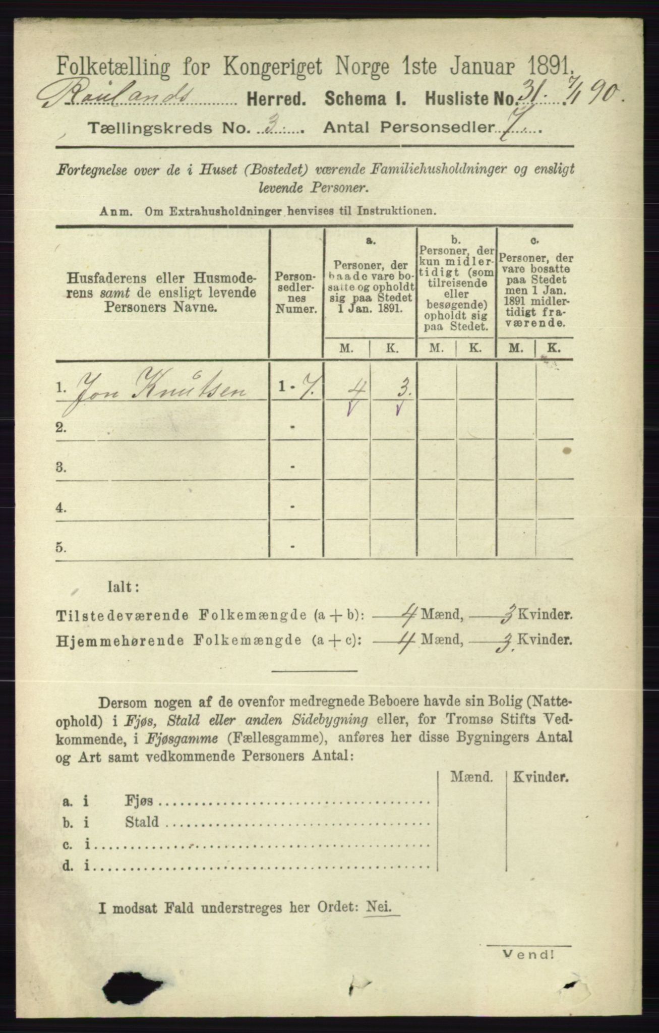 RA, 1891 census for 0835 Rauland, 1891, p. 767