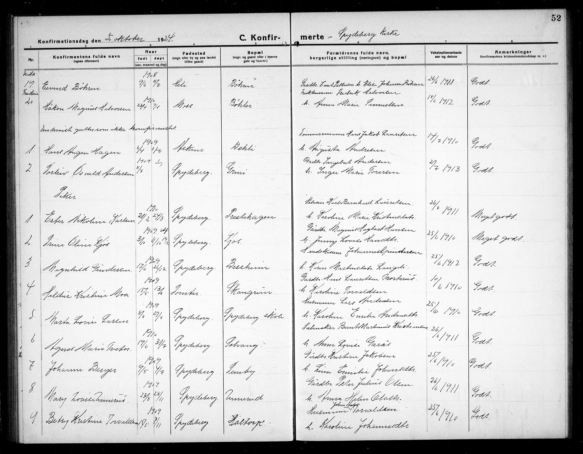 Spydeberg prestekontor Kirkebøker, SAO/A-10924/G/Ga/L0003: Parish register (copy) no. I 3, 1918-1934, p. 52