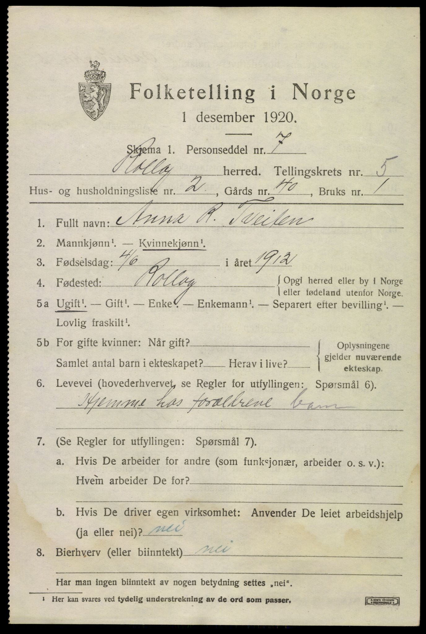 SAKO, 1920 census for Rollag, 1920, p. 2076
