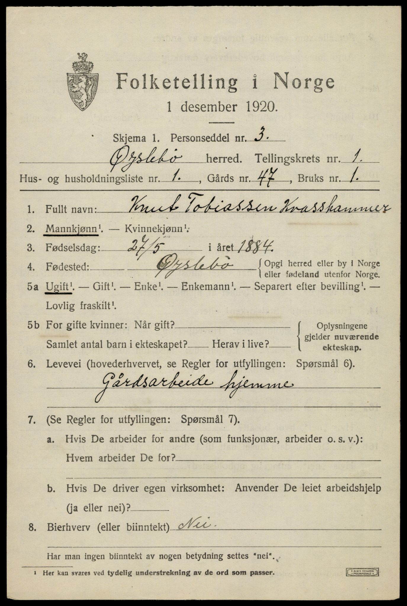 SAK, 1920 census for Øyslebø, 1920, p. 460