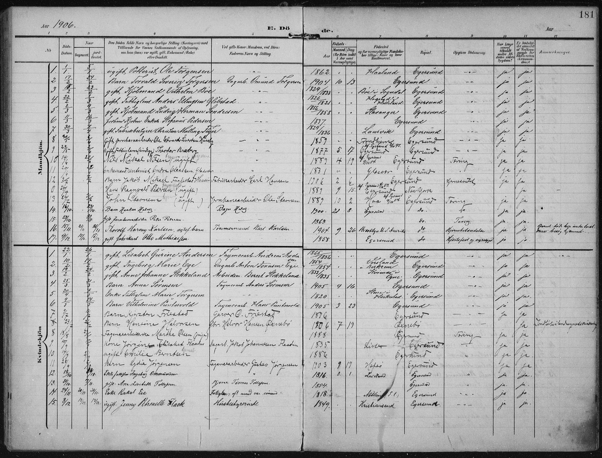 Eigersund sokneprestkontor, SAST/A-101807/S08/L0022: Parish register (official) no. A 21, 1905-1928, p. 181