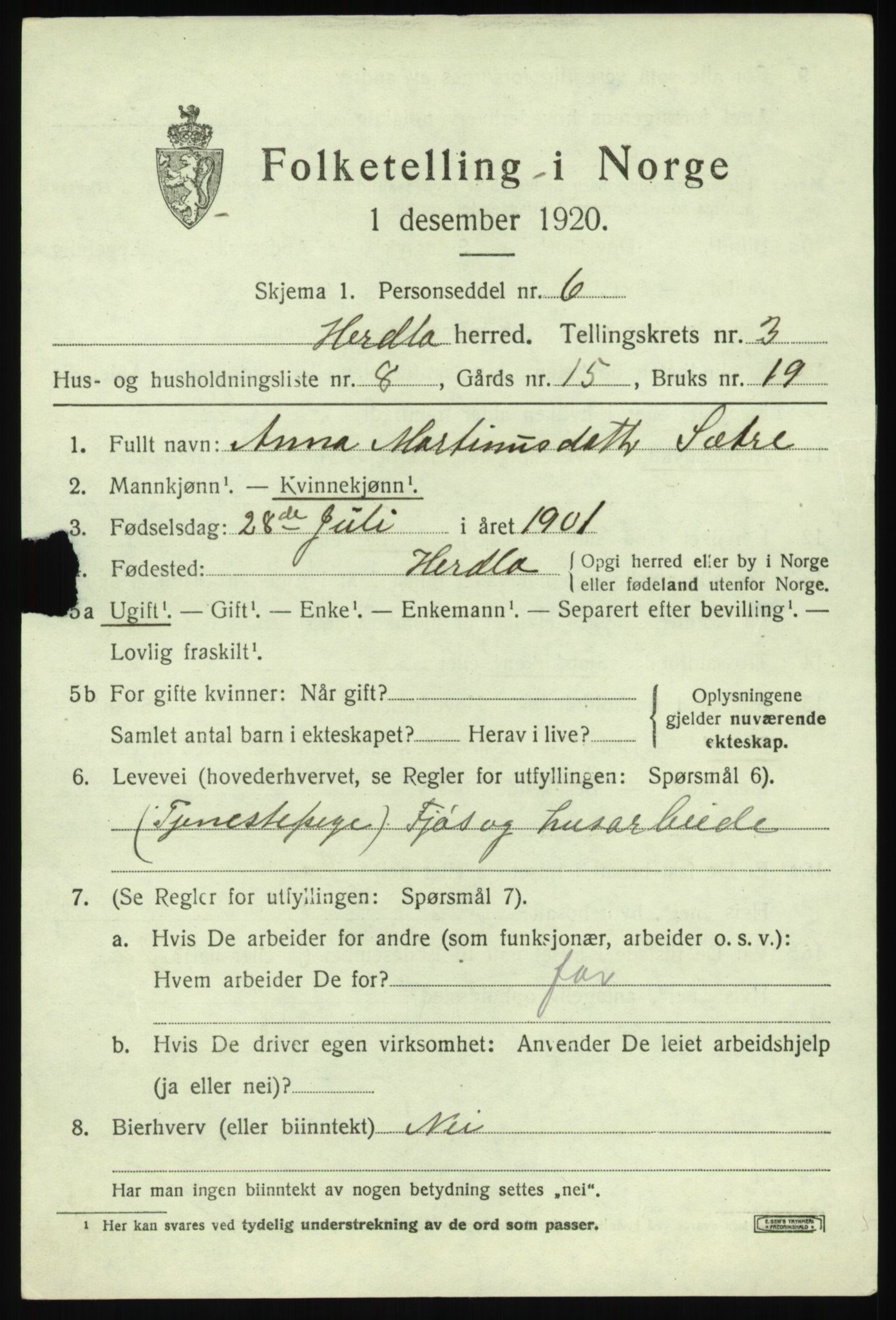 SAB, 1920 census for Herdla, 1920, p. 2901