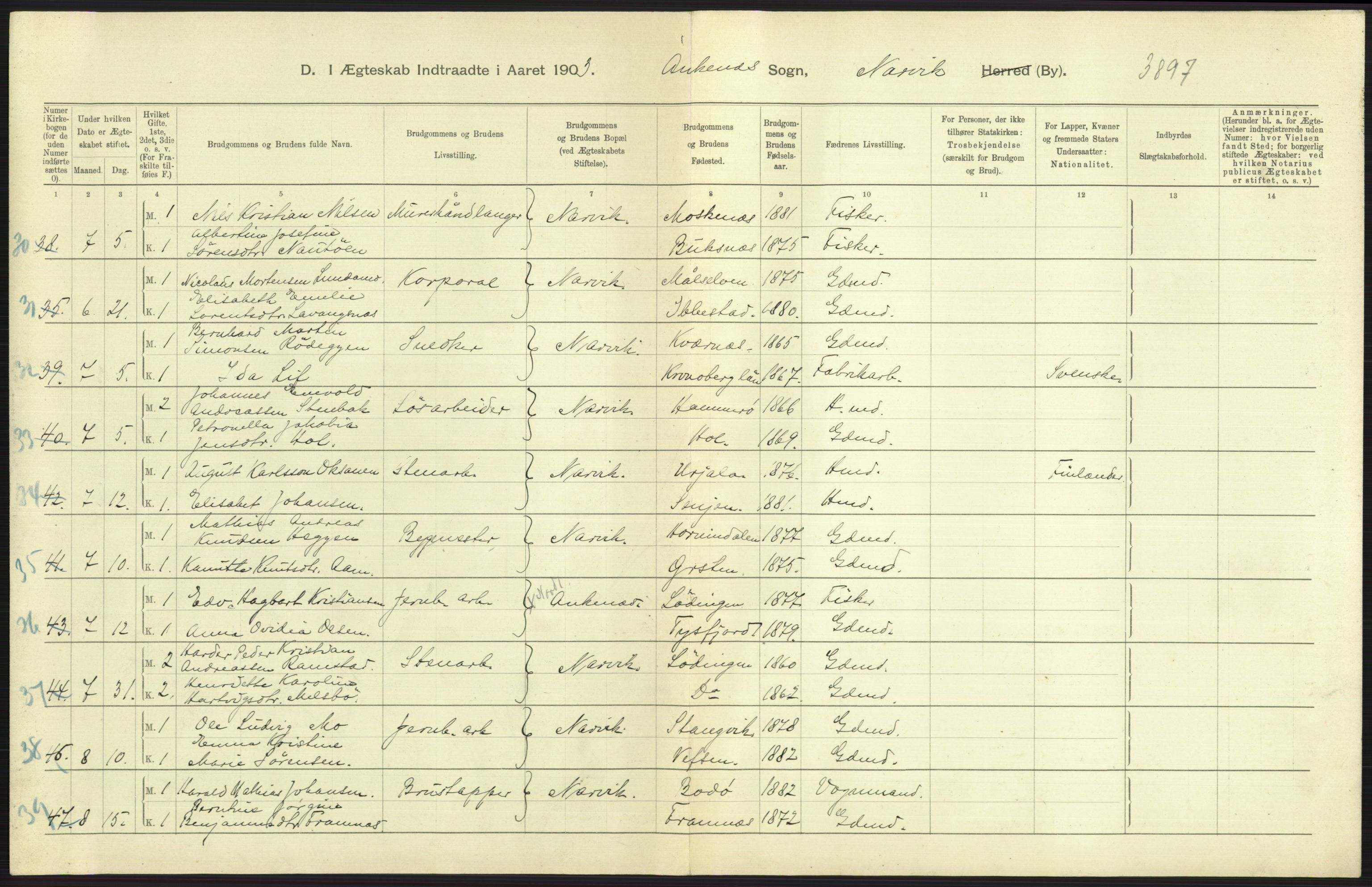 Statistisk sentralbyrå, Sosiodemografiske emner, Befolkning, AV/RA-S-2228/D/Df/Dfa/Dfaa/L0019: Nordlands amt: Fødte, gifte, døde., 1903, p. 229