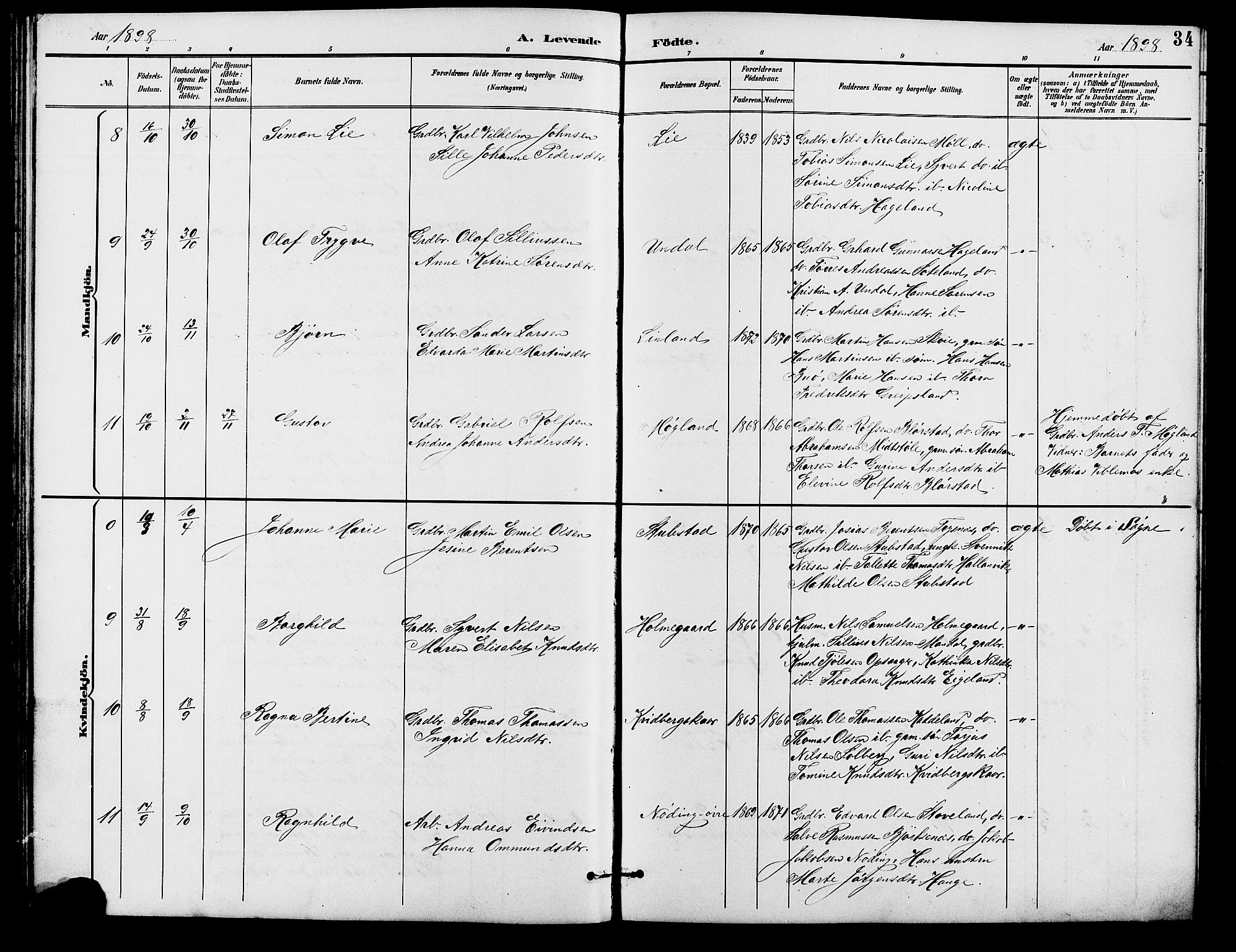 Holum sokneprestkontor, SAK/1111-0022/F/Fb/Fba/L0005: Parish register (copy) no. B 5, 1891-1909, p. 34