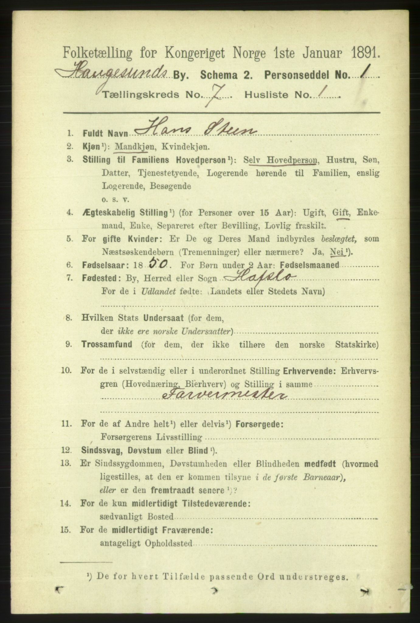 RA, 1891 census for 1106 Haugesund, 1891, p. 3076