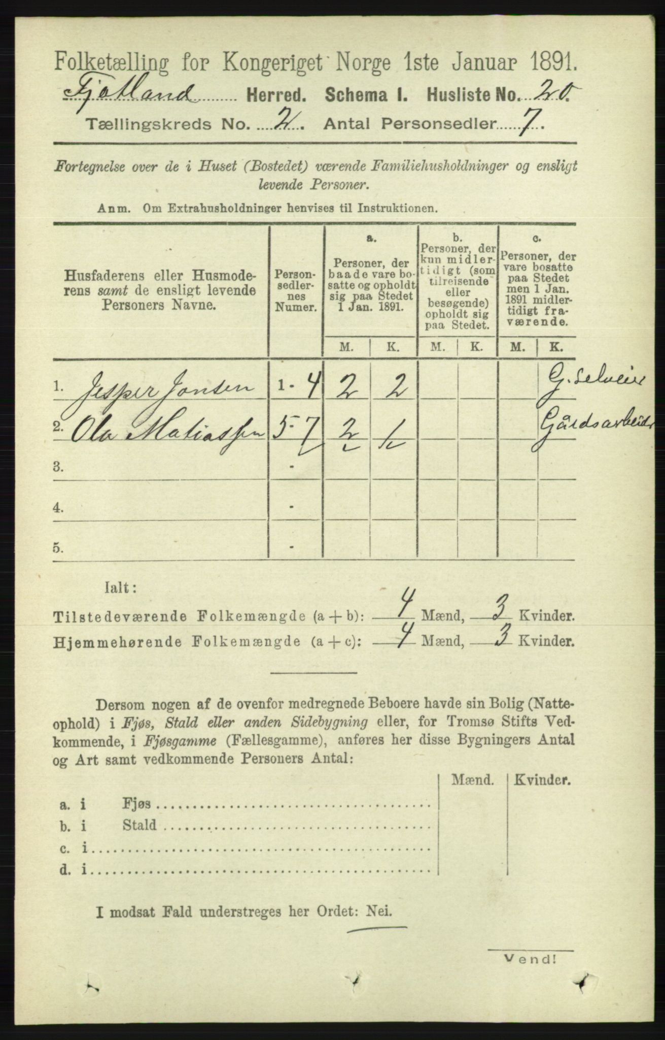 RA, 1891 census for 1036 Fjotland, 1891, p. 230