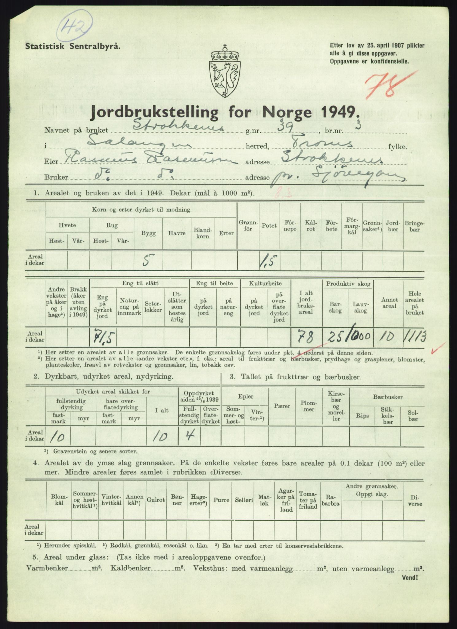 Statistisk sentralbyrå, Næringsøkonomiske emner, Jordbruk, skogbruk, jakt, fiske og fangst, AV/RA-S-2234/G/Gc/L0438: Troms: Salangen og Bardu, 1949, p. 857
