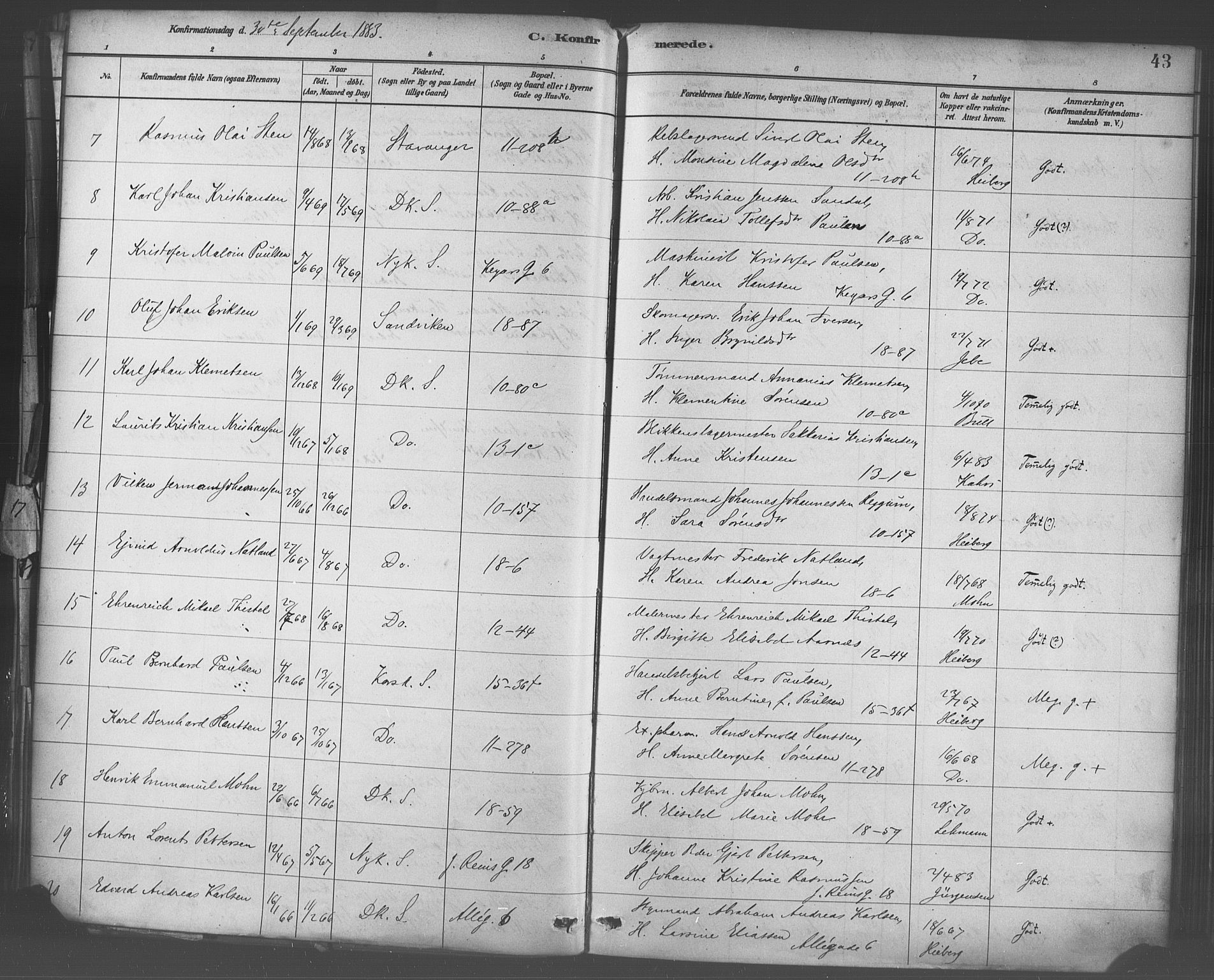 Domkirken sokneprestembete, AV/SAB-A-74801/H/Haa/L0030: Parish register (official) no. C 5, 1880-1898, p. 43