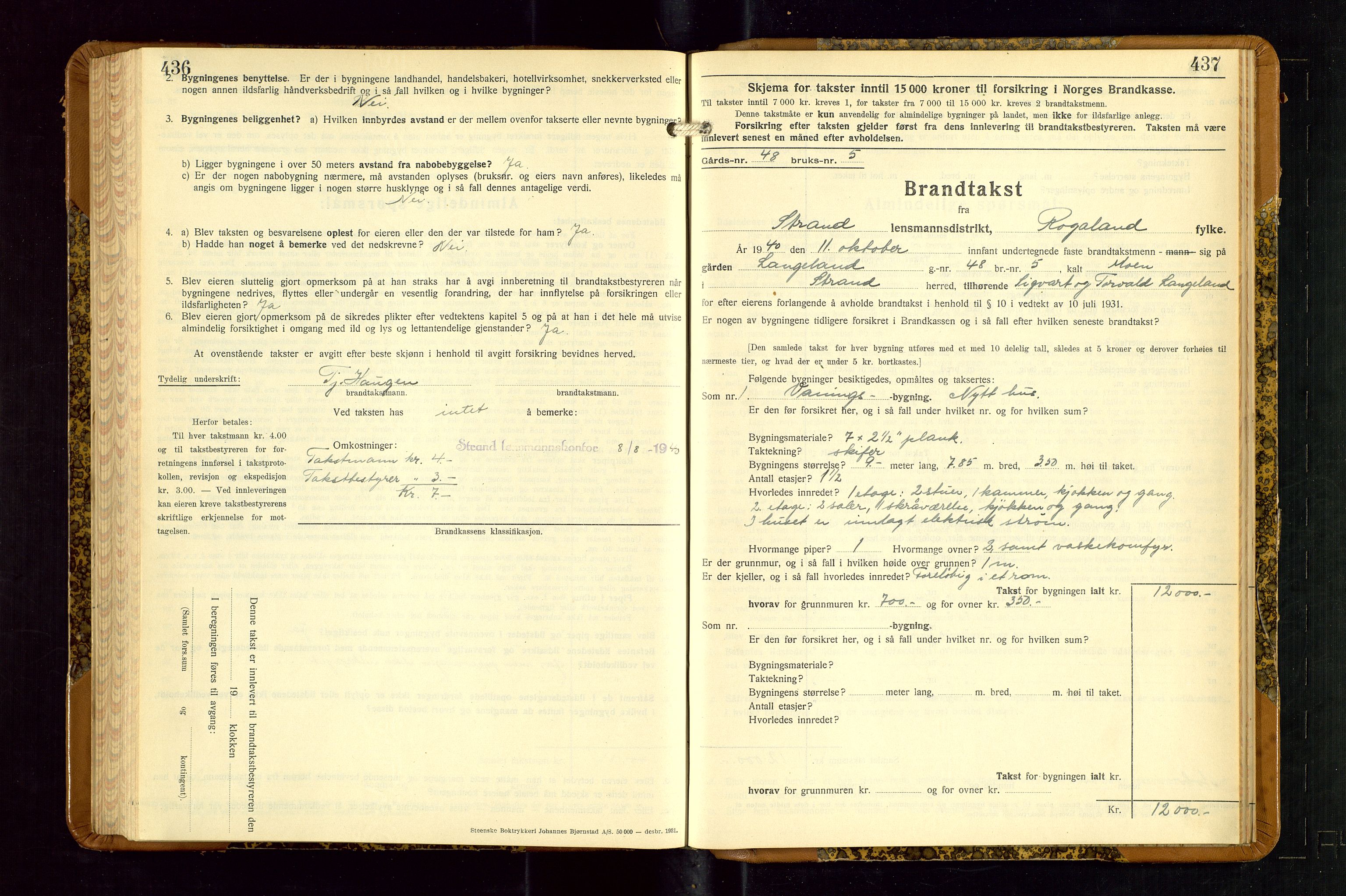 Strand og Forsand lensmannskontor, AV/SAST-A-100451/Gob/L0001: Branntakstprotokoll, 1935-1942, p. 436-437