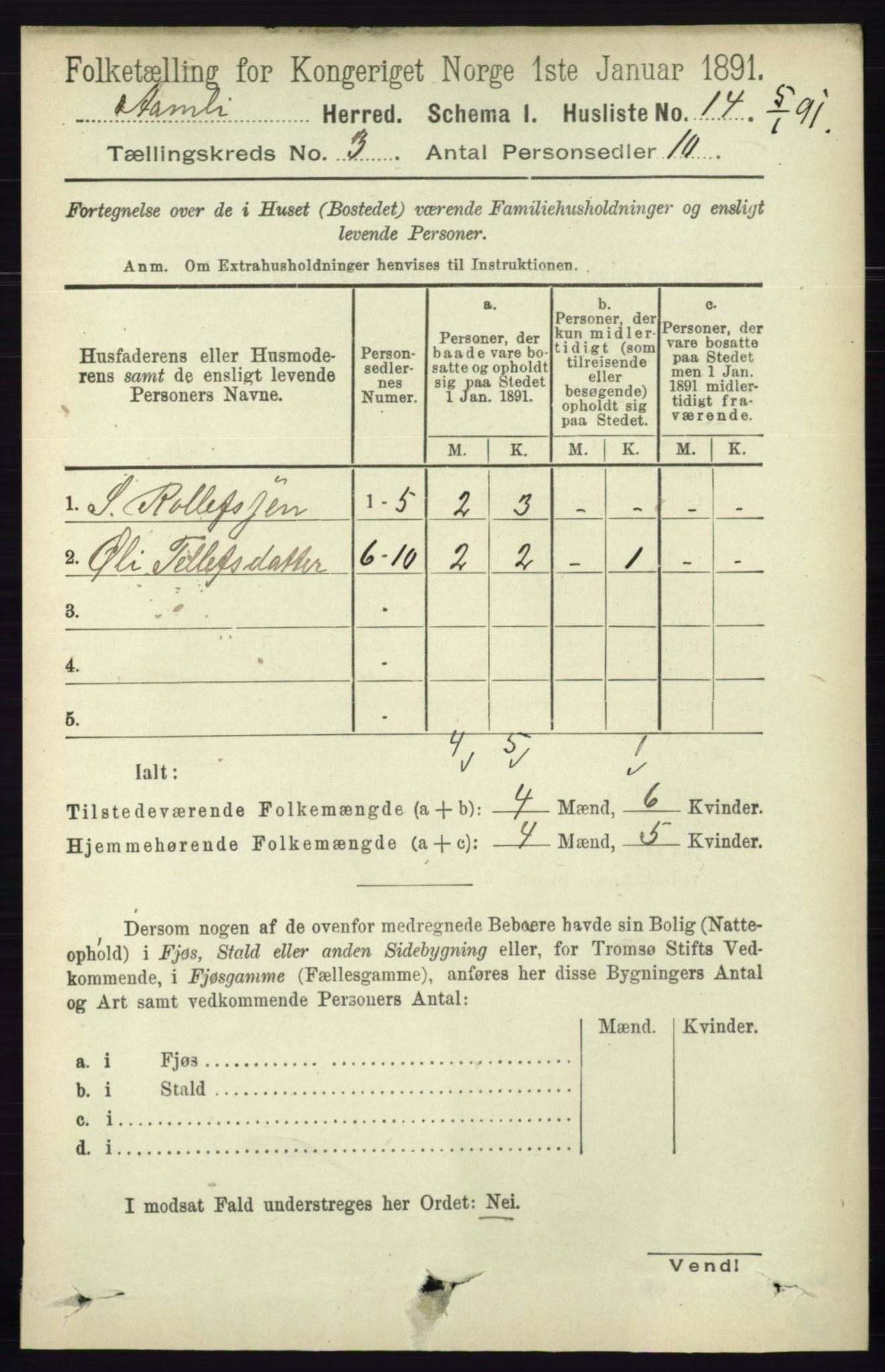 RA, 1891 census for 0929 Åmli, 1891, p. 313