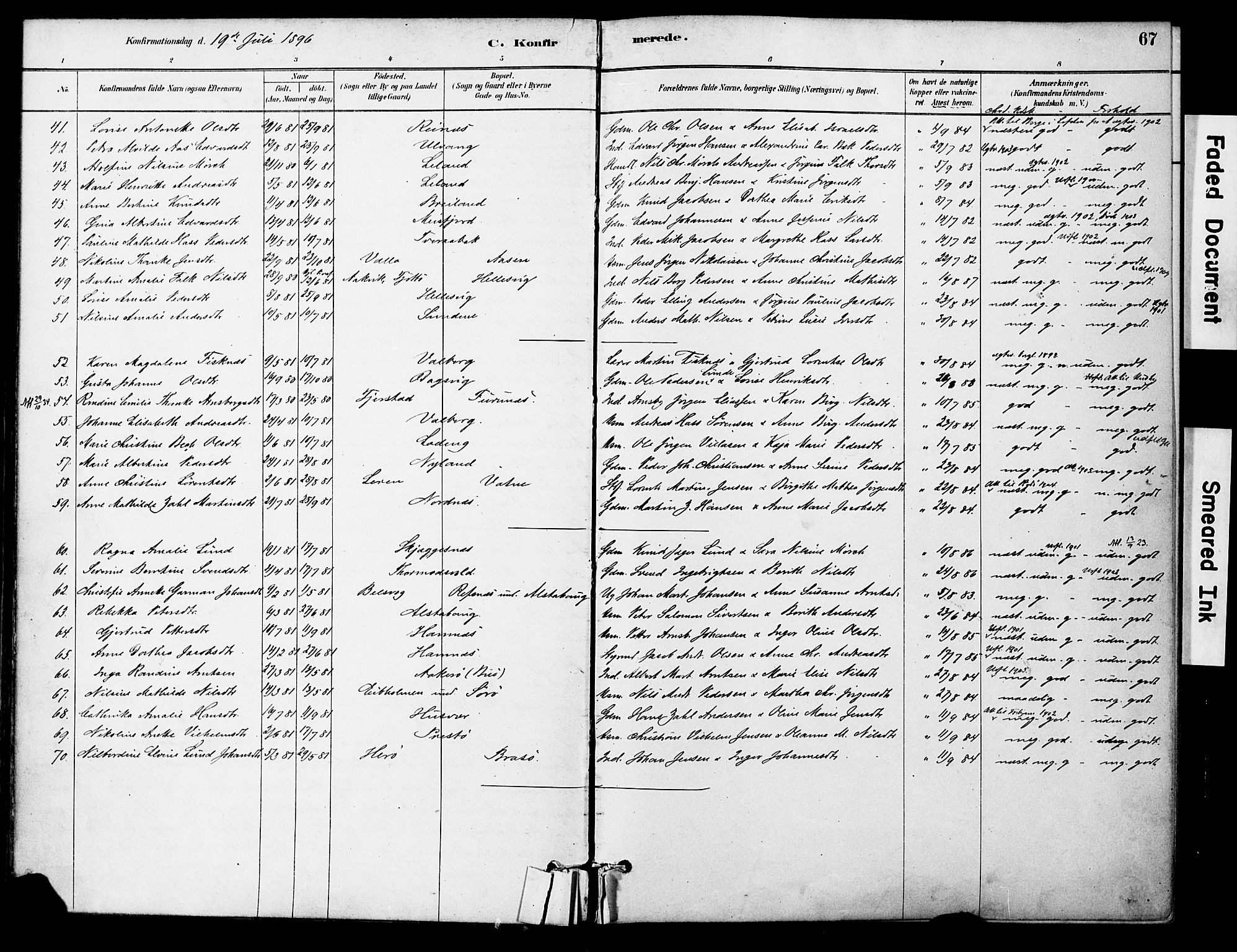 Ministerialprotokoller, klokkerbøker og fødselsregistre - Nordland, AV/SAT-A-1459/830/L0450: Parish register (official) no. 830A14, 1879-1896, p. 67