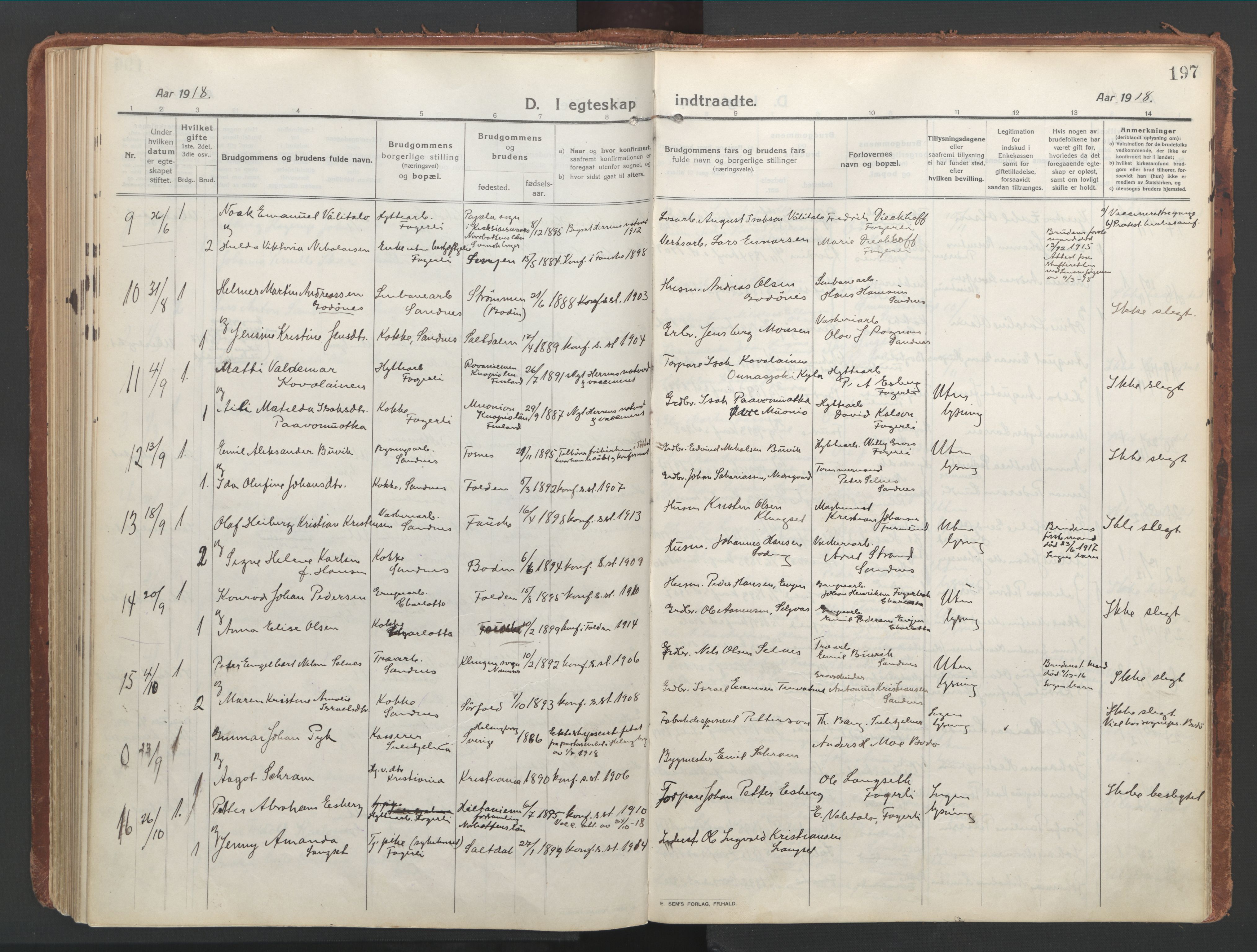 Ministerialprotokoller, klokkerbøker og fødselsregistre - Nordland, AV/SAT-A-1459/850/L0715: Curate's parish register no. 850B05, 1913-1924, p. 197