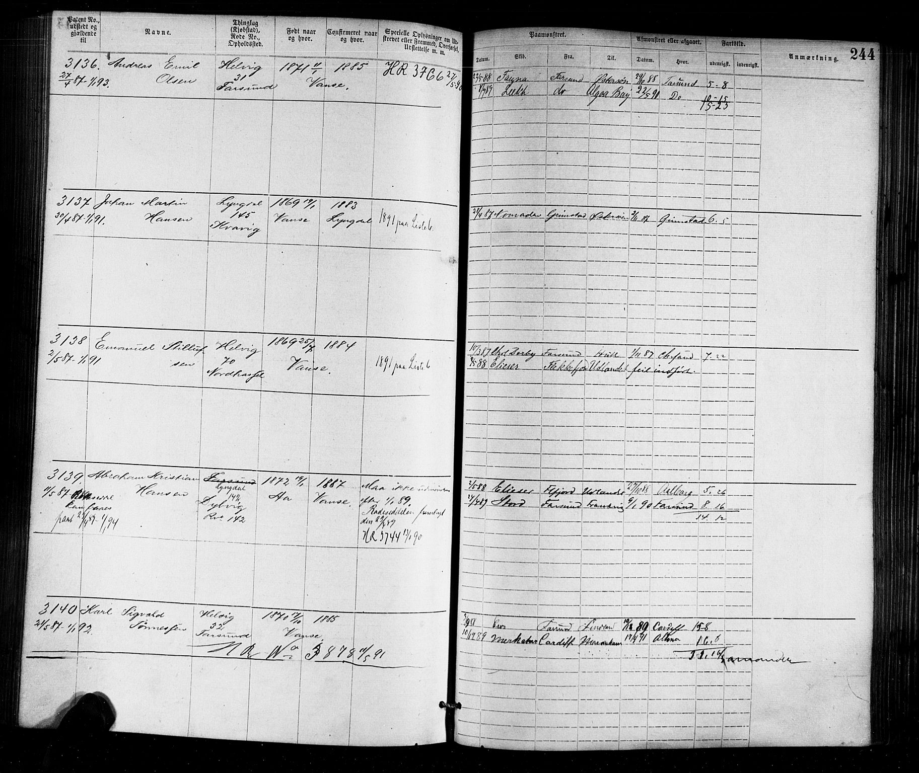Farsund mønstringskrets, AV/SAK-2031-0017/F/Fa/L0002: Annotasjonsrulle nr 1921-3815 med register, M-2, 1877-1894, p. 274