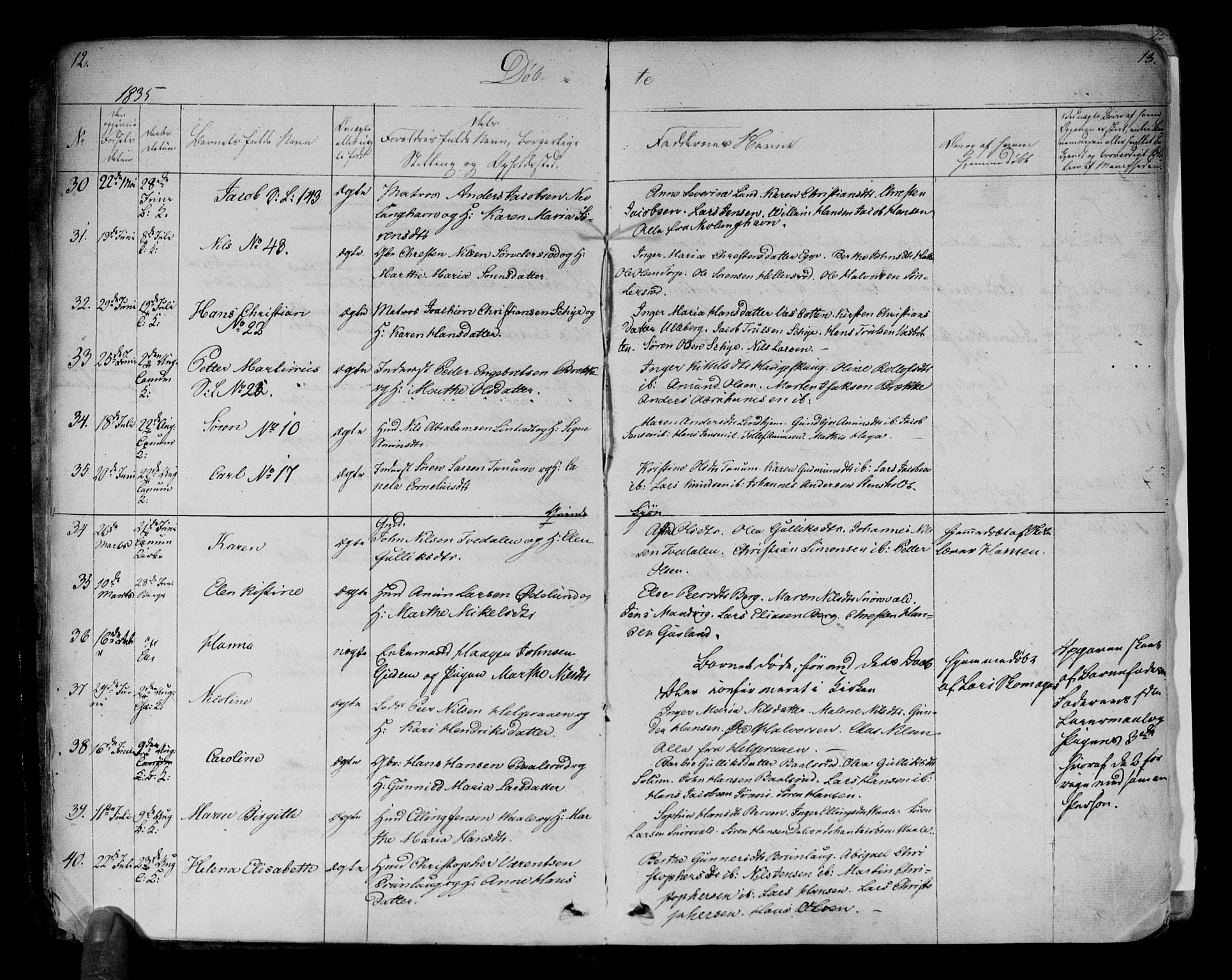 Brunlanes kirkebøker, AV/SAKO-A-342/F/Fa/L0003: Parish register (official) no. I 3, 1834-1845, p. 12-13