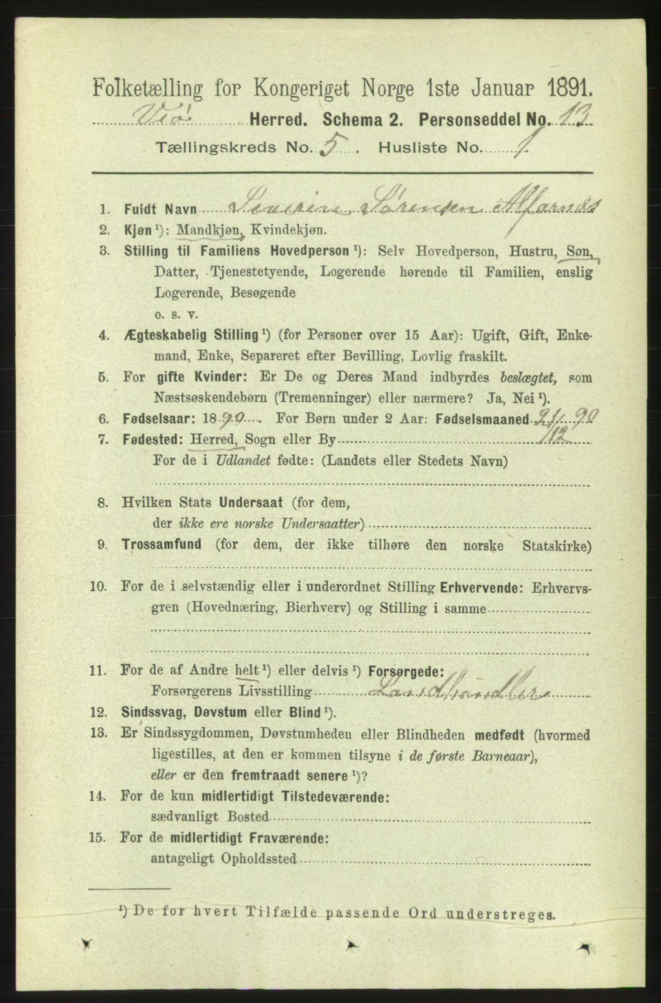 RA, 1891 census for 1541 Veøy, 1891, p. 2495