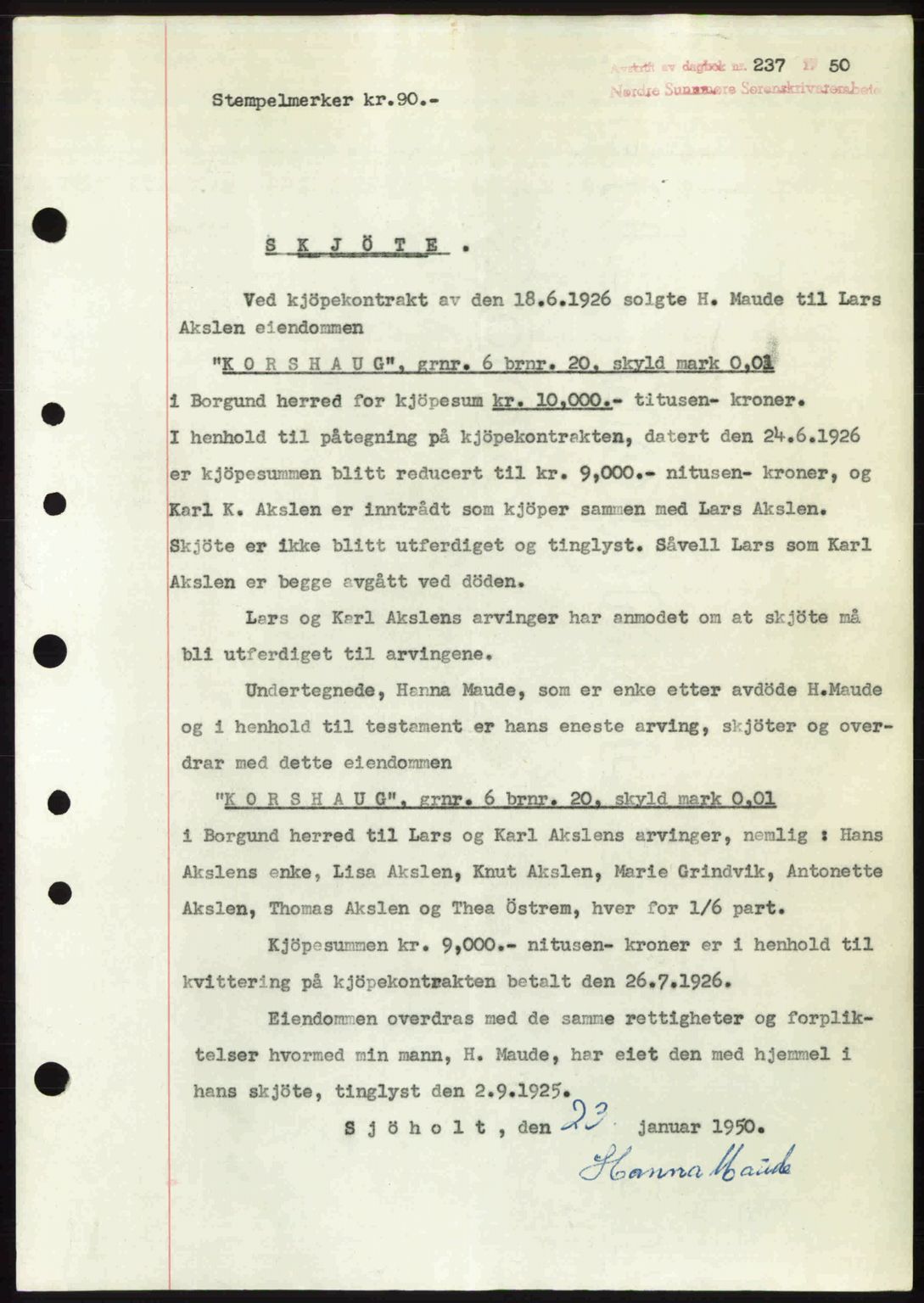 Nordre Sunnmøre sorenskriveri, AV/SAT-A-0006/1/2/2C/2Ca: Mortgage book no. A33, 1949-1950, Diary no: : 237/1950