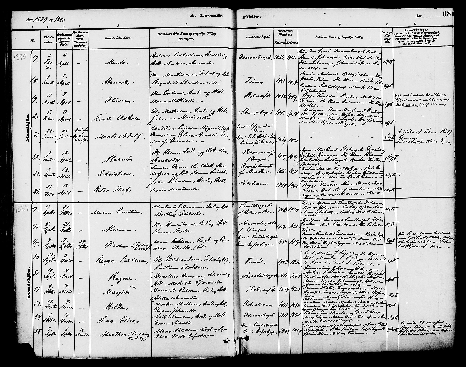 Brandval prestekontor, SAH/PREST-034/H/Ha/Haa/L0002: Parish register (official) no. 2, 1880-1894, p. 68