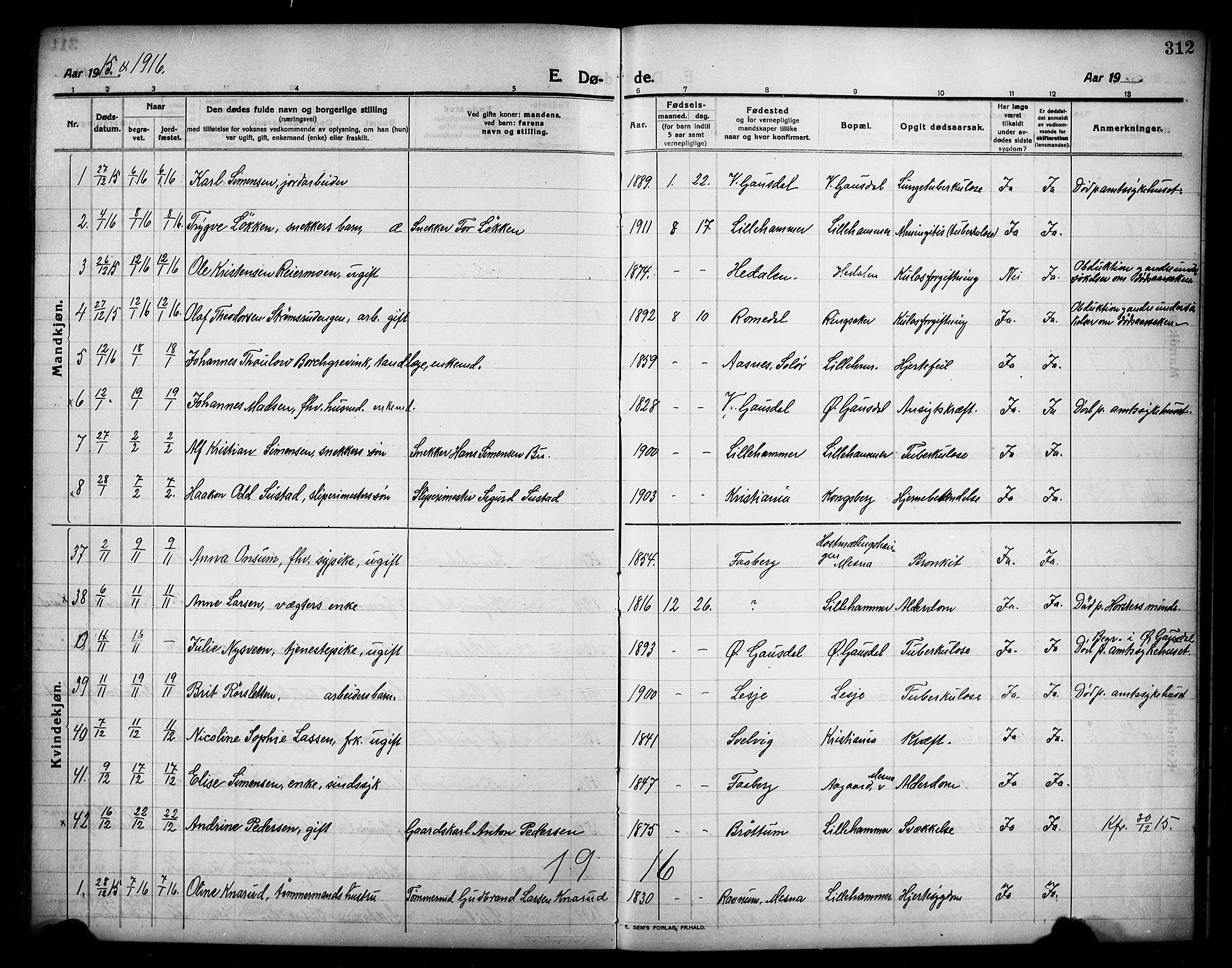 Lillehammer prestekontor, AV/SAH-PREST-088/H/Ha/Hab/L0002: Parish register (copy) no. 2, 1913-1929, p. 312