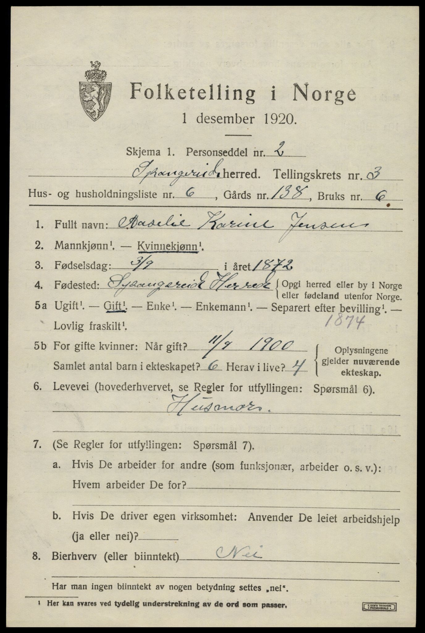 SAK, 1920 census for Spangereid, 1920, p. 1495