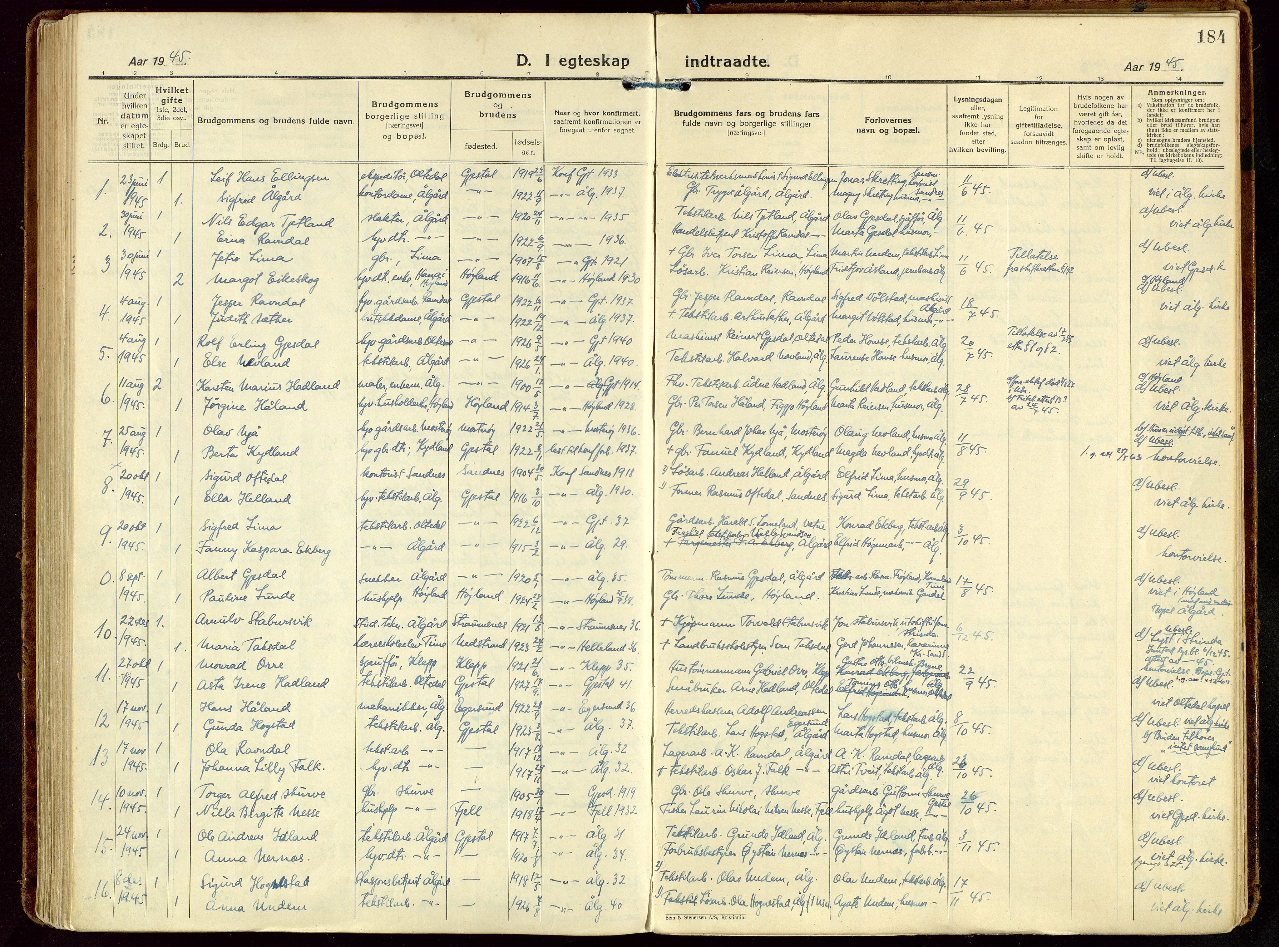 Gjesdal sokneprestkontor, SAST/A-101796/003/O/L0001: Parish register (official) no. A 1, 1925-1949, p. 184