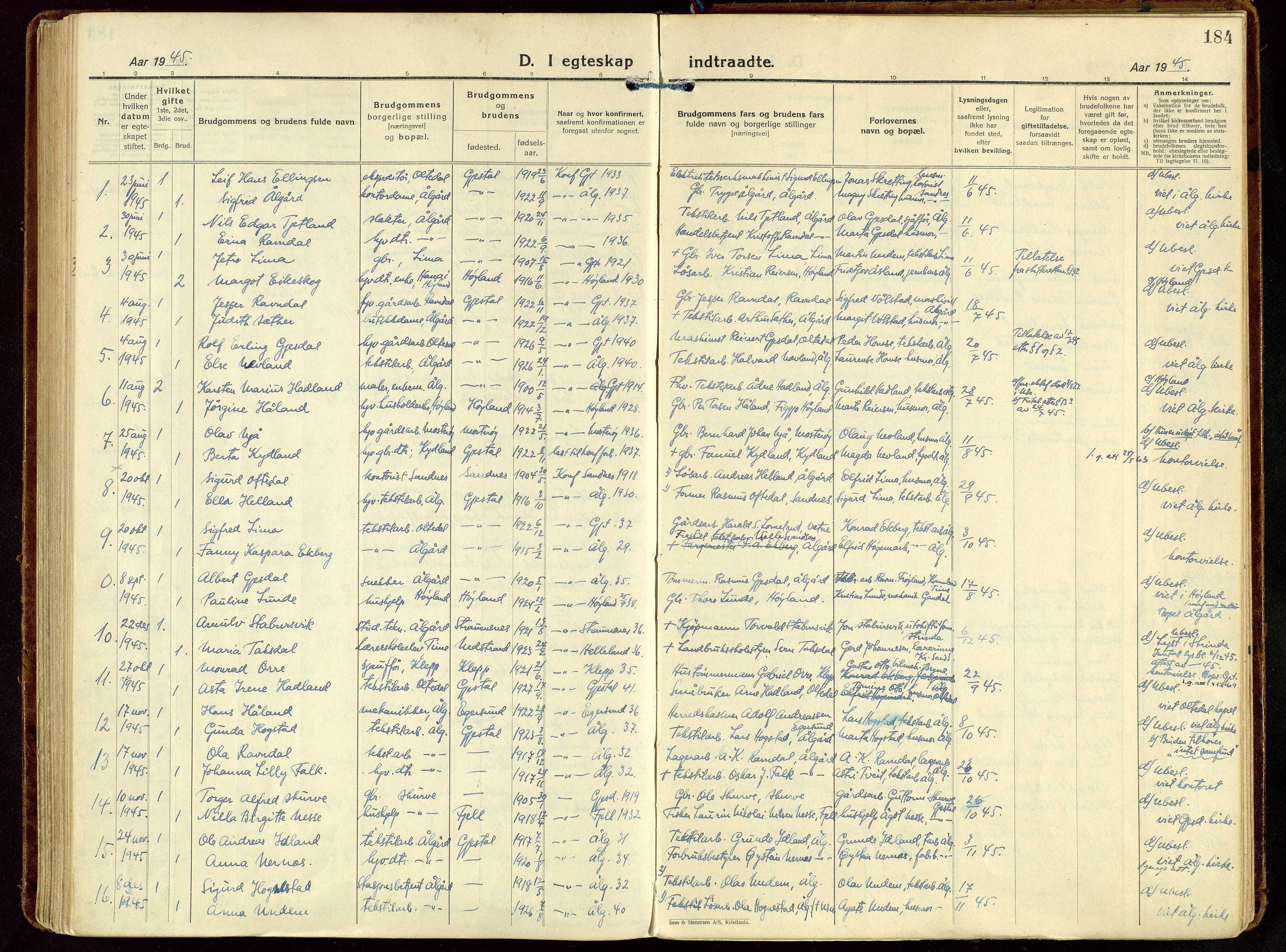 Gjesdal sokneprestkontor, AV/SAST-A-101796/003/O/L0001: Parish register (official) no. A 1, 1925-1949, p. 184