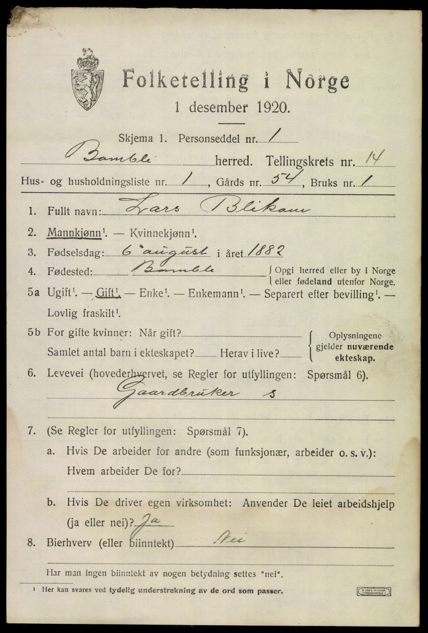 SAKO, 1920 census for Bamble, 1920, p. 9869