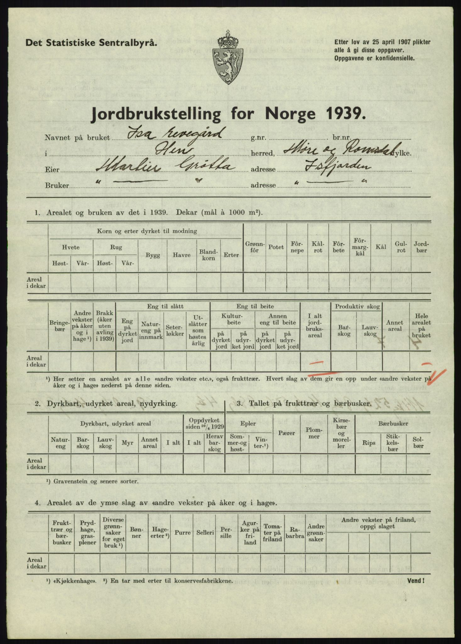 Statistisk sentralbyrå, Næringsøkonomiske emner, Jordbruk, skogbruk, jakt, fiske og fangst, AV/RA-S-2234/G/Gb/L0251: Møre og Romsdal: Voll, Eid, Grytten og Hen, 1939, p. 923