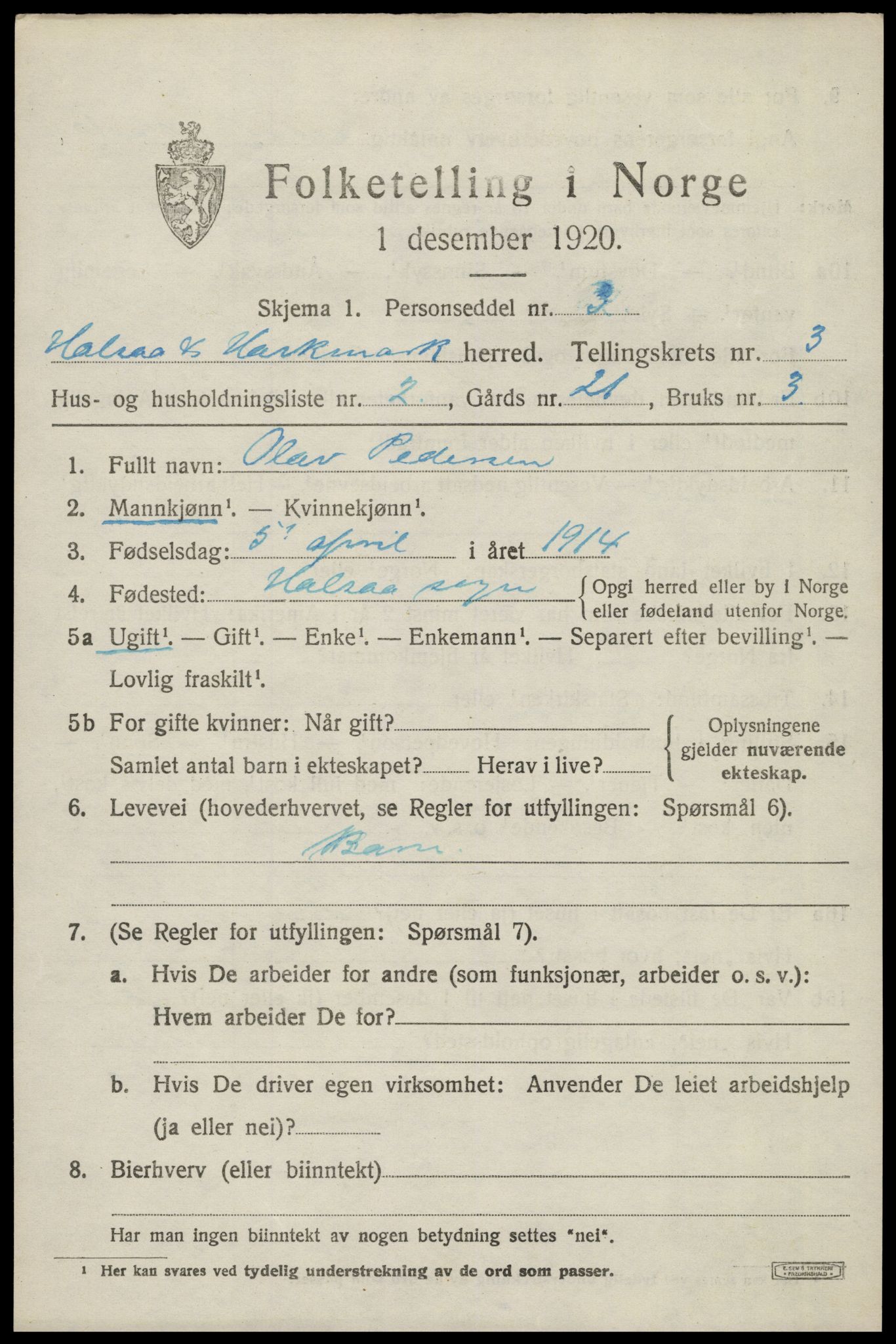 SAK, 1920 census for Halse og Harkmark, 1920, p. 2429