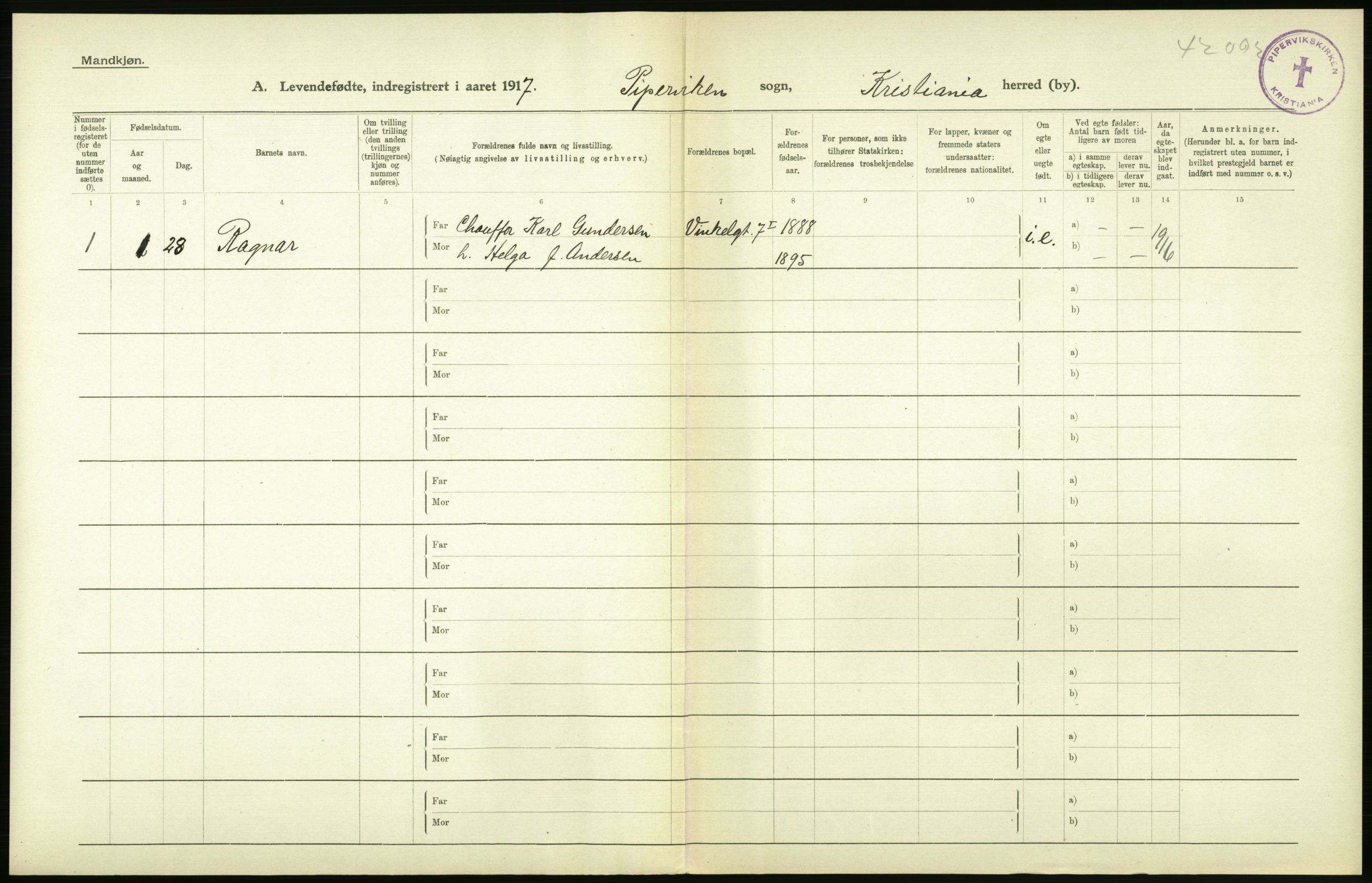 Statistisk sentralbyrå, Sosiodemografiske emner, Befolkning, AV/RA-S-2228/D/Df/Dfb/Dfbg/L0006: Kristiania: Levendefødte menn og kvinner., 1917, p. 132