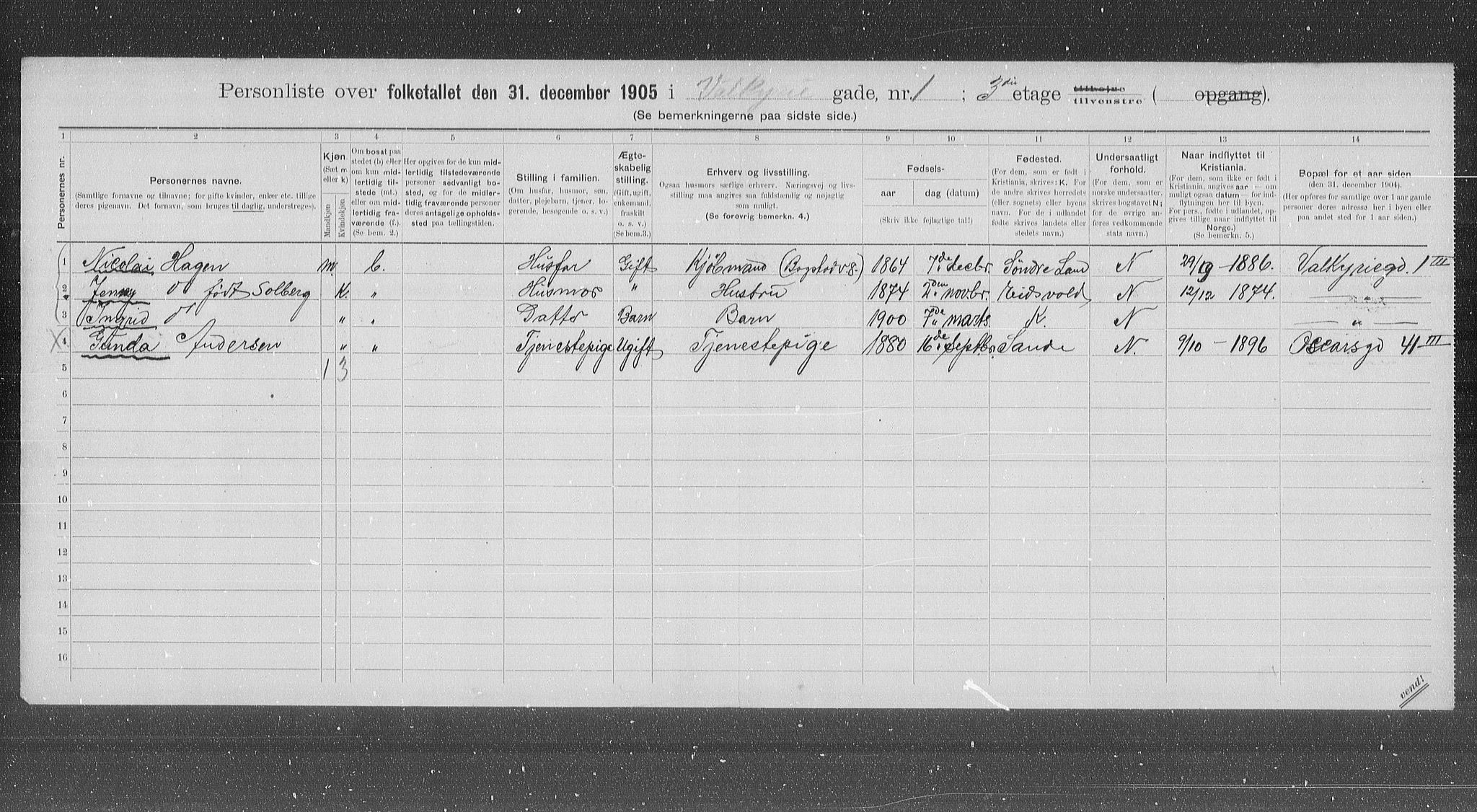 OBA, Municipal Census 1905 for Kristiania, 1905, p. 64157