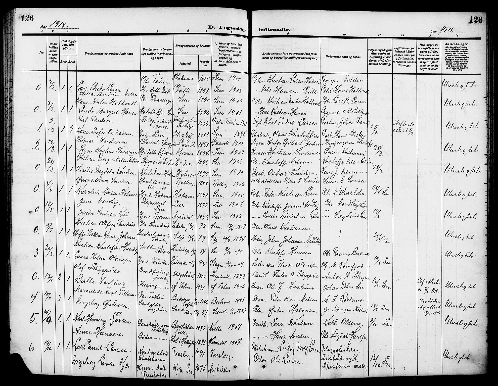 Sem kirkebøker, AV/SAKO-A-5/G/Ga/L0007: Parish register (copy) no. I 7, 1909-1924, p. 126