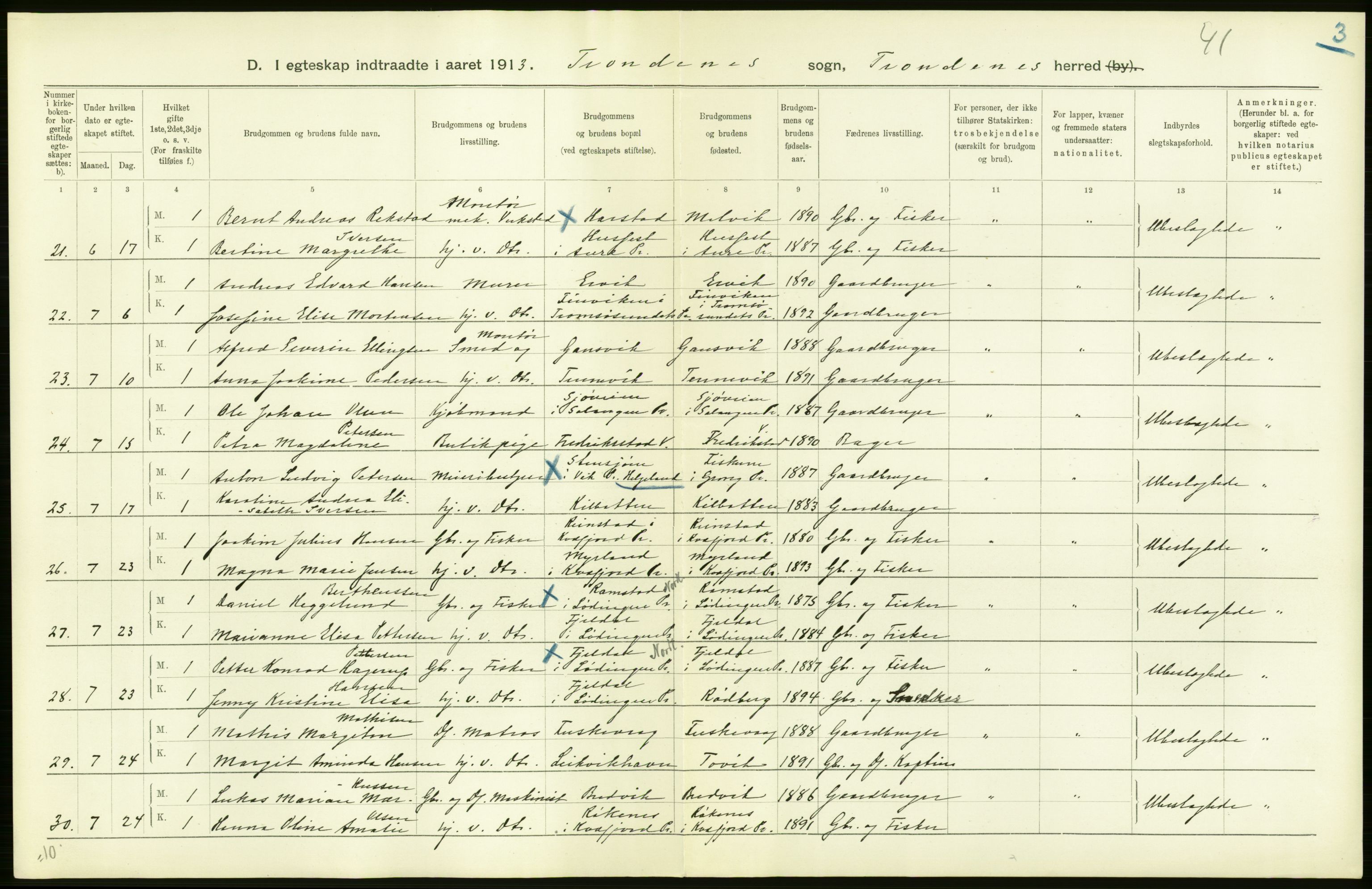 Statistisk sentralbyrå, Sosiodemografiske emner, Befolkning, AV/RA-S-2228/D/Df/Dfb/Dfbc/L0047: Tromsø amt: Gifte, døde, dødfødte. Bygder og byer., 1913, p. 12