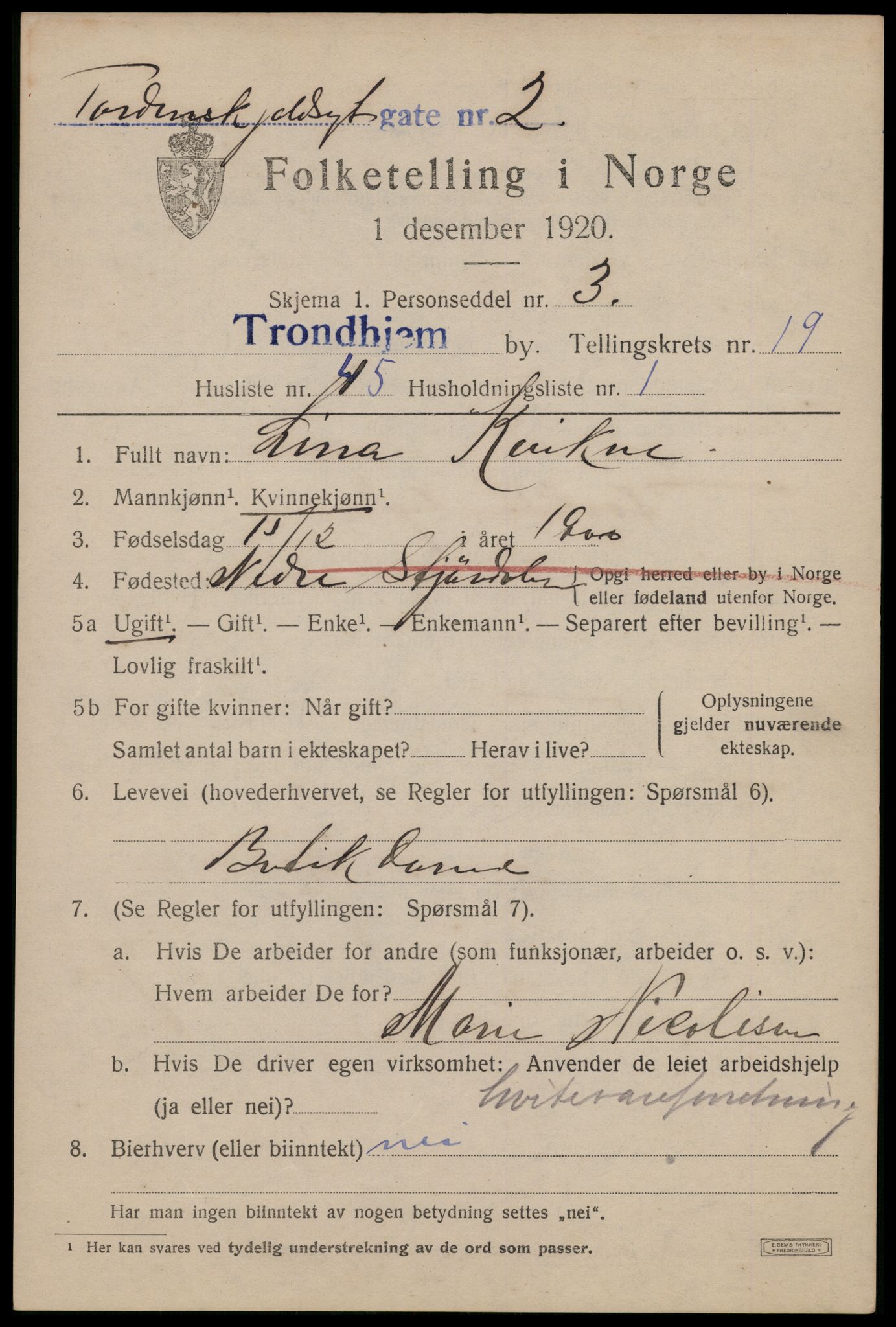 SAT, 1920 census for Trondheim, 1920, p. 59522