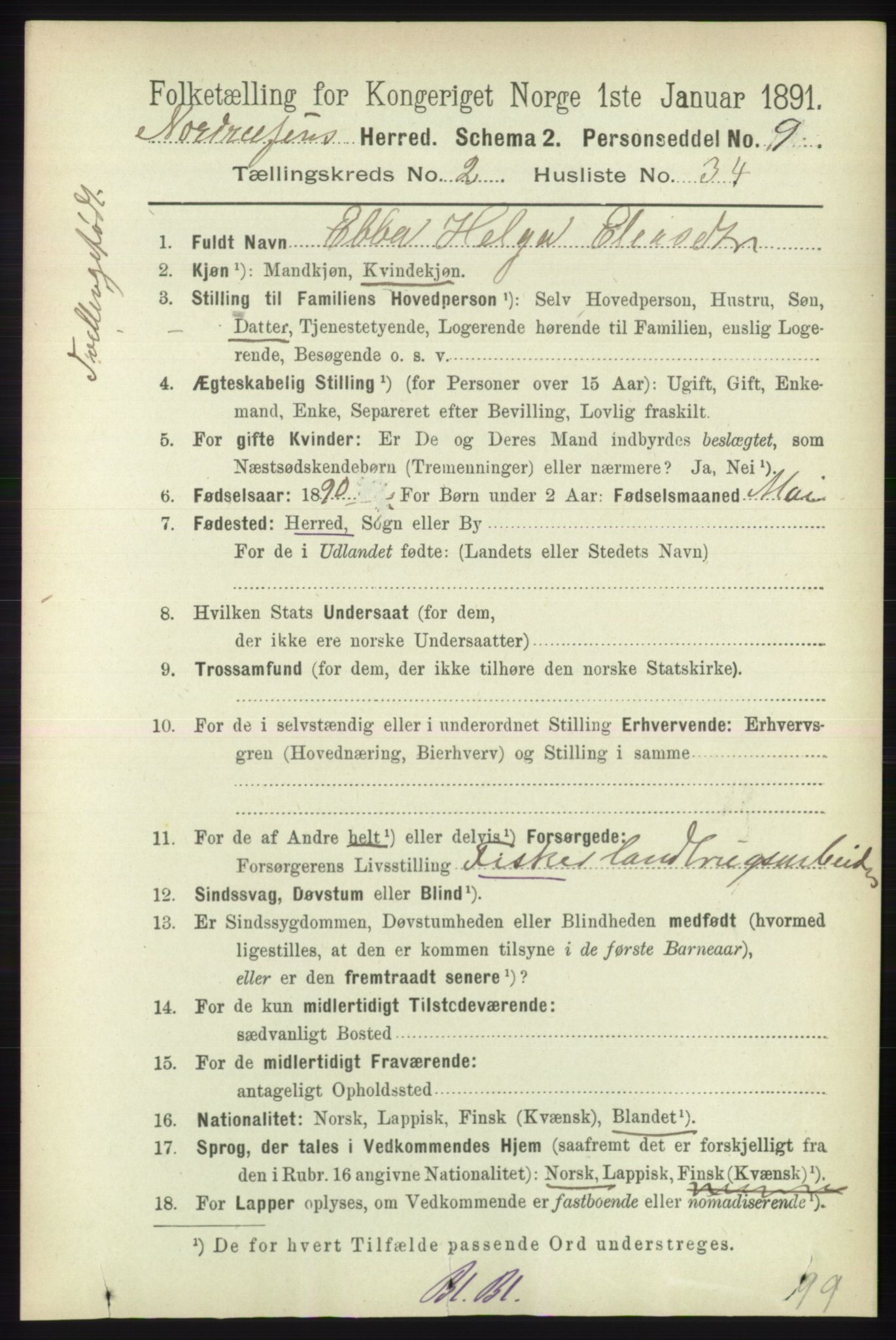RA, 1891 census for 1942 Nordreisa, 1891, p. 1020
