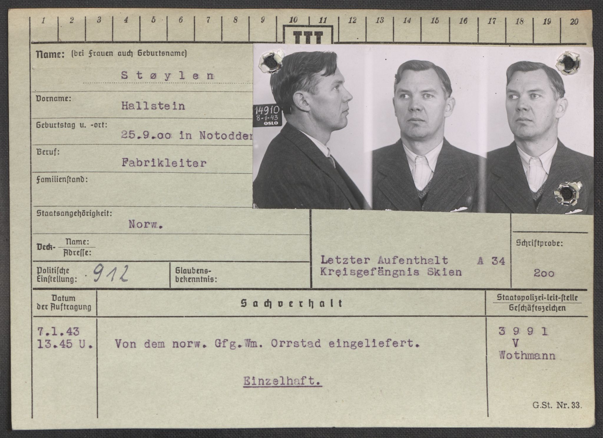 Befehlshaber der Sicherheitspolizei und des SD, AV/RA-RAFA-5969/E/Ea/Eaa/L0009: Register over norske fanger i Møllergata 19: Ru-Sy, 1940-1945, p. 1420