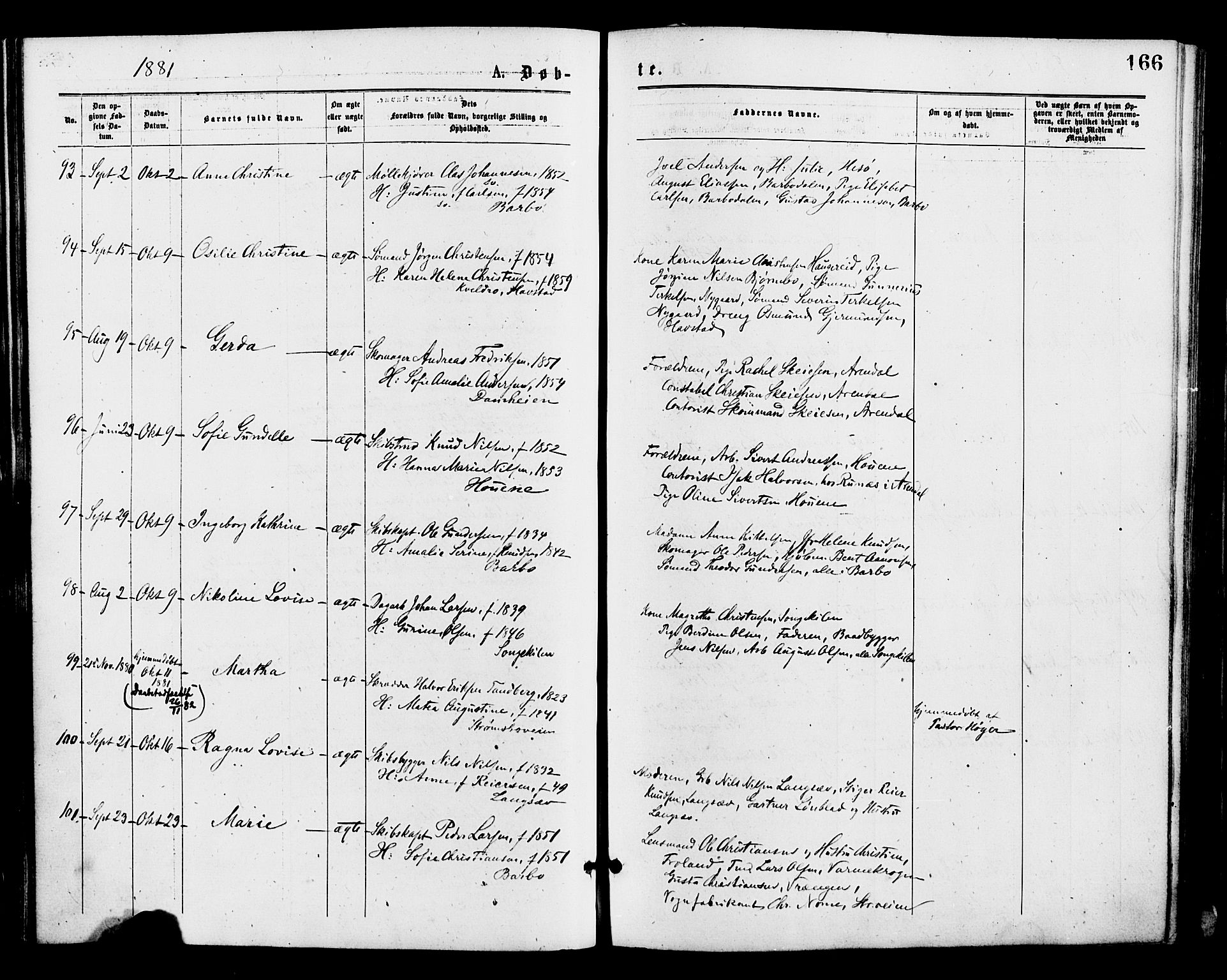 Barbu sokneprestkontor, AV/SAK-1111-0003/F/Fa/L0001: Parish register (official) no. A 1 /1, 1878-1883, p. 166