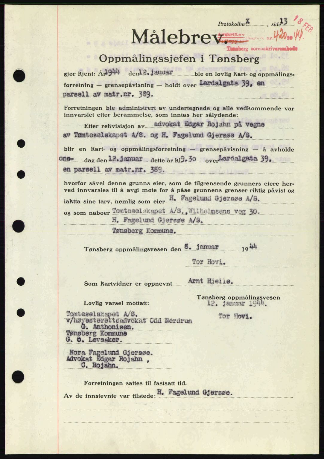 Tønsberg sorenskriveri, AV/SAKO-A-130/G/Ga/Gaa/L0014: Mortgage book no. A14, 1943-1944, Diary no: : 420/1944