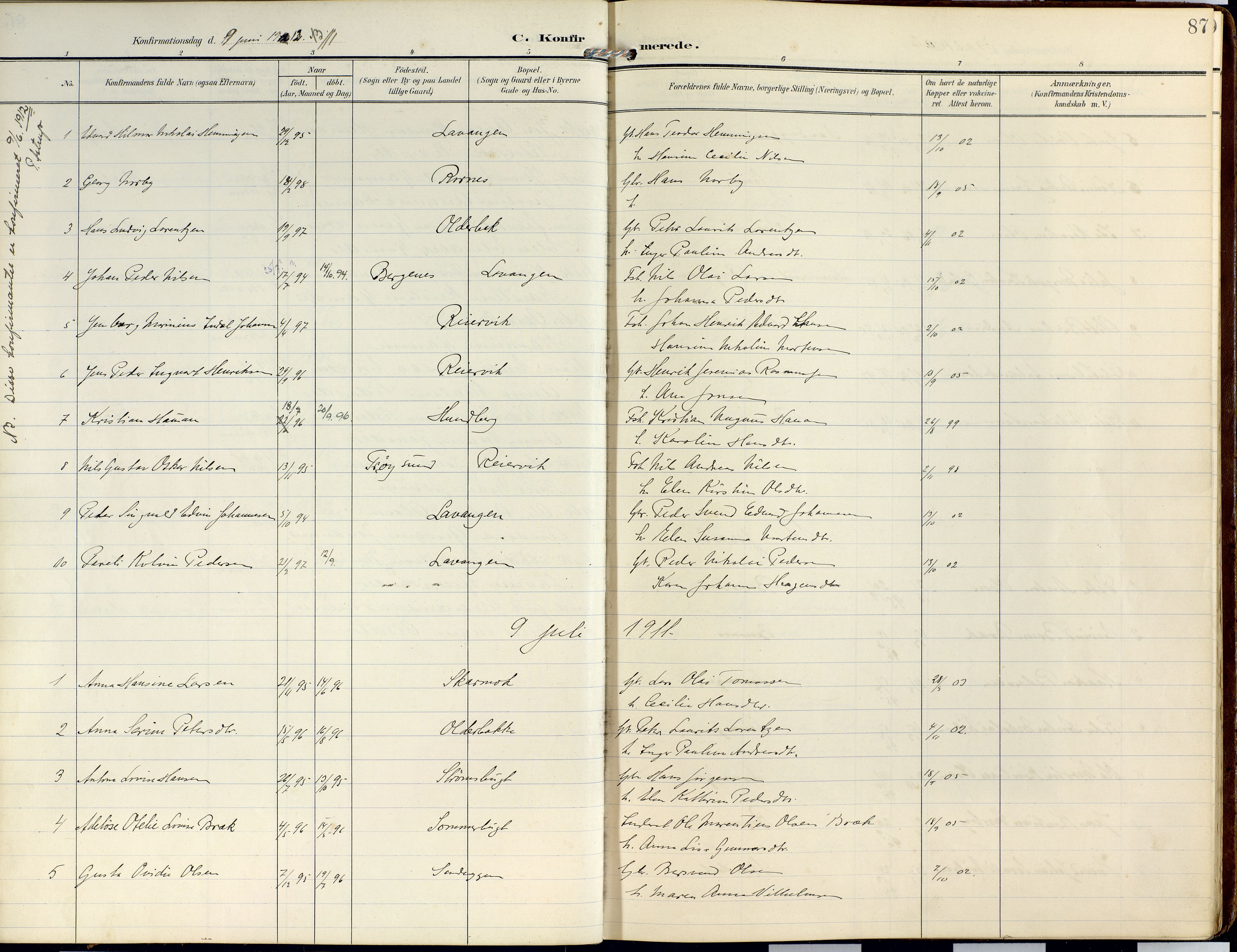 Lyngen sokneprestembete, SATØ/S-1289/H/He/Hea/L0014kirke: Parish register (official) no. 14, 1905-1920, p. 87