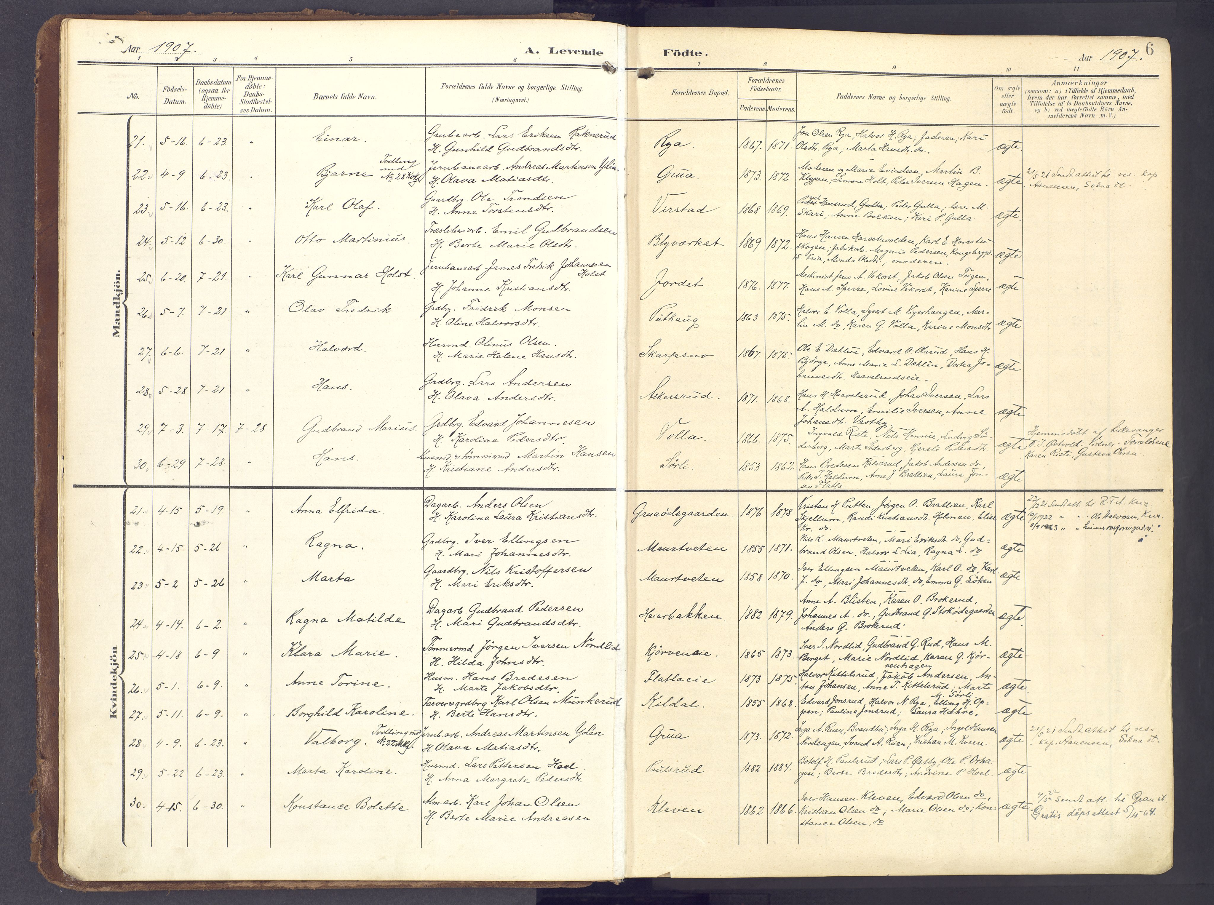 Lunner prestekontor, AV/SAH-PREST-118/H/Ha/Haa/L0001: Parish register (official) no. 1, 1907-1922, p. 6