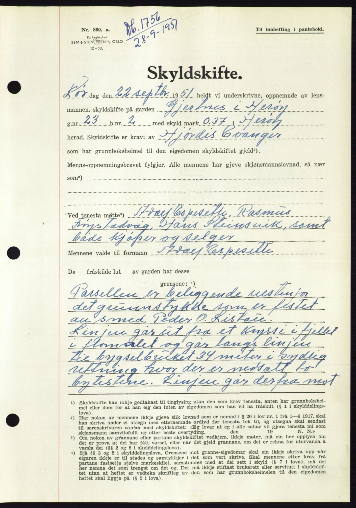 Søre Sunnmøre sorenskriveri, AV/SAT-A-4122/1/2/2C/L0090: Mortgage book no. 16A, 1951-1951, Diary no: : 1756/1951